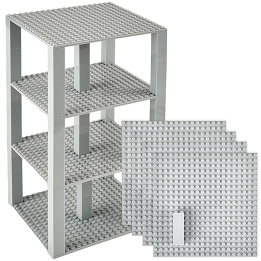 Strictly Briks Compatible with Lego Classic Stackable Baseplates, Building Bricks for Towers, Shelves, and More, Compatible with All Major Brands, Light Gray, 4 Base Plates & 30 Stackers, 6x6 Inches