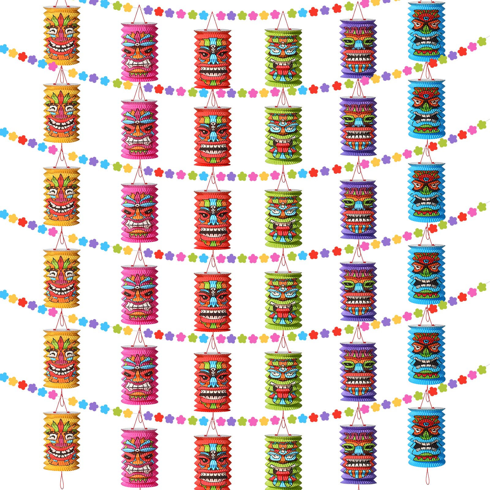 Hawaiian Luau Party Decorations Tiki and Flowers Lanterns Banners Tiki Luau Tropical Decor Summer Garland Lanterns Aloha Hanging Decoration for Summer Bars Festival Hawaiian Themed Parties(6 Pcs)