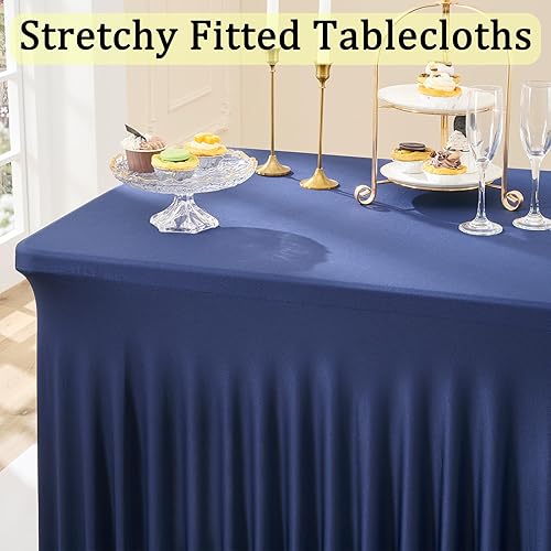Miniatura 2 de Htper Mantel de elastano azul marino para mesas rectangulares de 8 pies, mantel elástico de 8 pies sin arrugas con falda para fiestas, bodas,