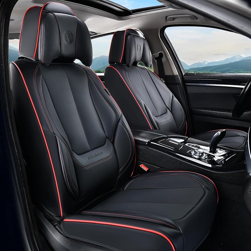 Capa para Bancos Automotivos Coverado em Couro Sintético Preto com Detalhe Vermelho, Jogo Completo para 5 Lugares SCU21