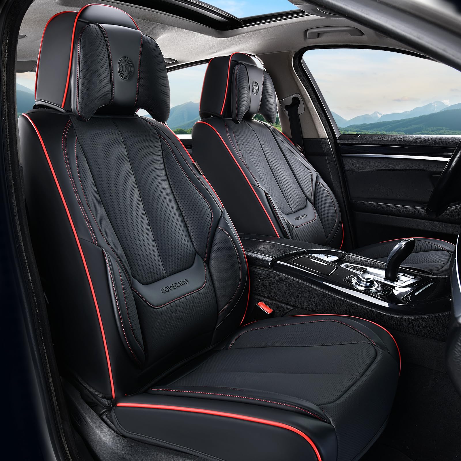 Coverado Universal Seat Covers Front, 2-Pack Universal Seat Covers for Cars, Waterproof Nappa Leather Car Seat Covers with Head Pillow, Auto Protectors Fit for Most Sedans Pick-up Truck-Black&amp;Redline