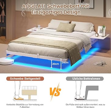 AOGLLATI Metal Bed Frame 140 x 200 cm Bed 140 x 200 cm with LED Lighting and Charging Station Floating Bed Frame with Storage Shelves Metal Bed with Slatted Frame (without Mattress) (White 140 x 200 cm)