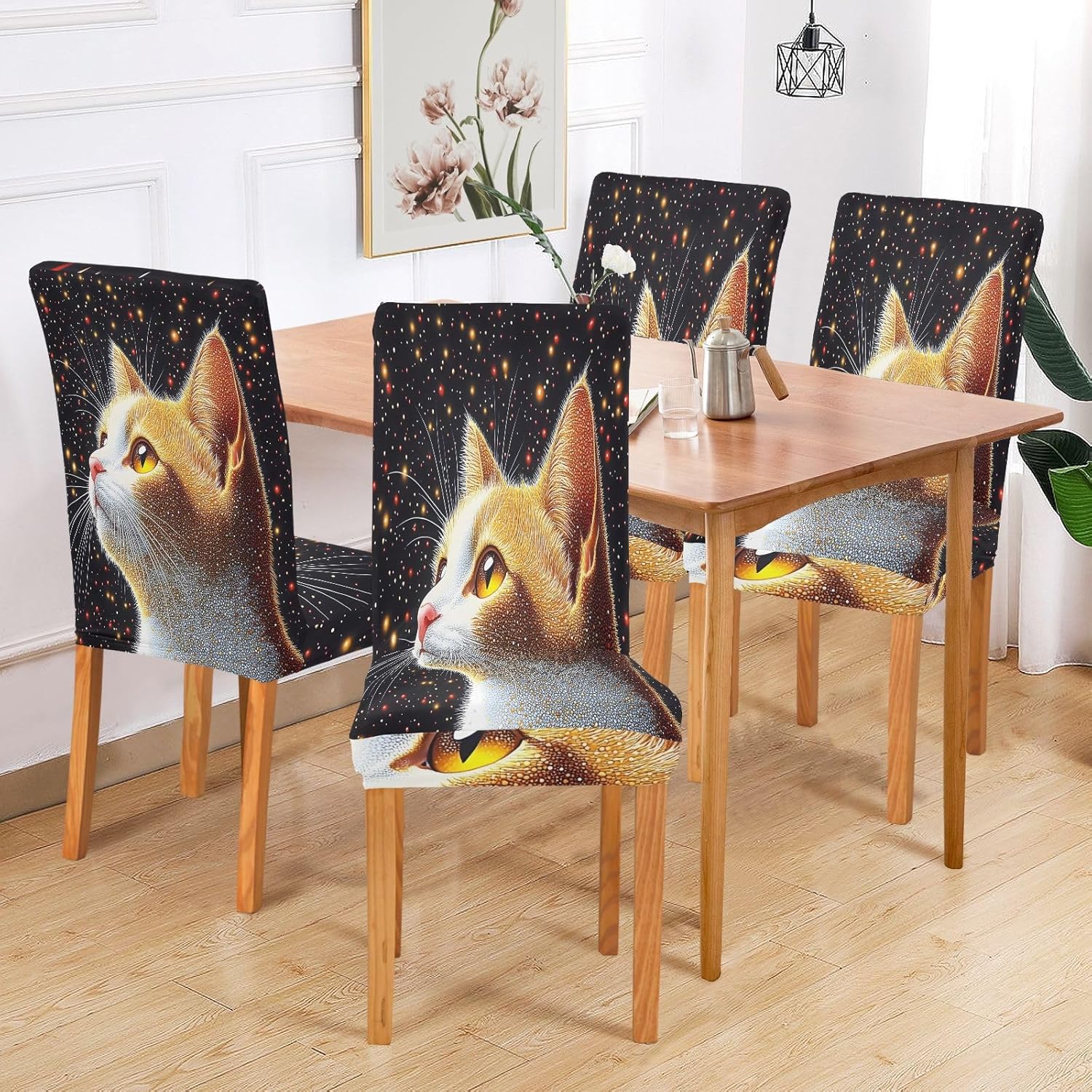 ALAZA Chair Covers for Dining Room, Starry Background Cat Stretch Chair Cover Sets Chair Protector Removable Washable for Ktichen Restaurant Hotel