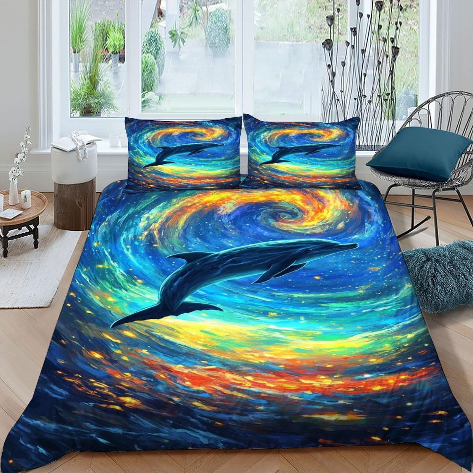 Housse de couette dauphin 220x240 linge de lit microfibre motif faune sauvage 3D