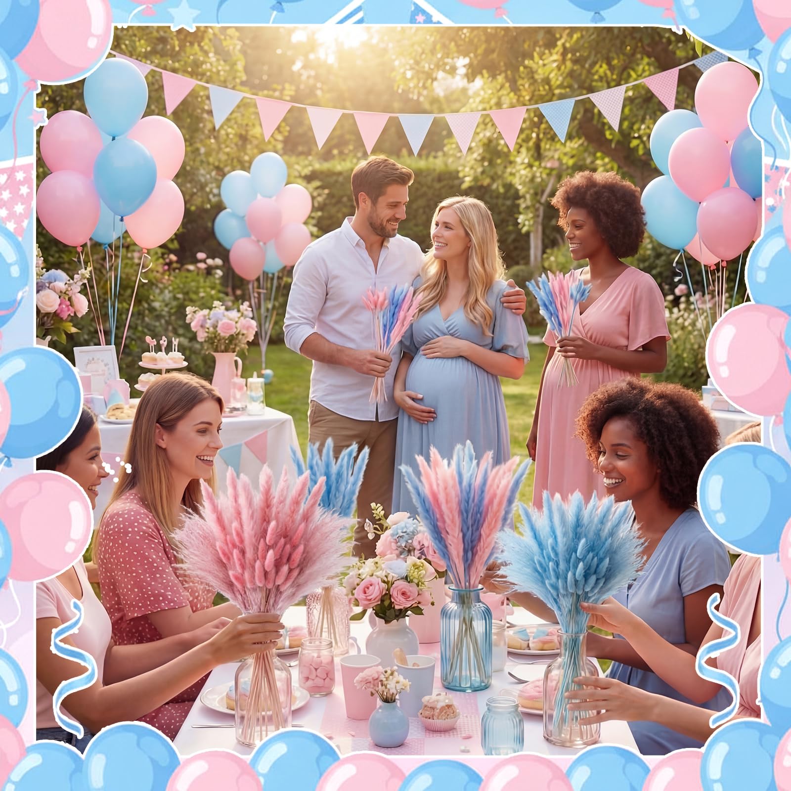 Hoteam Lot de 105 décorations de révélation du sexe rose bleu herbe de la pampa garçon ou fille | Décoration de fête prénatale « He or She » bohème - Herbe de la pampa - Fleurs séchées pour centres de table ou vase