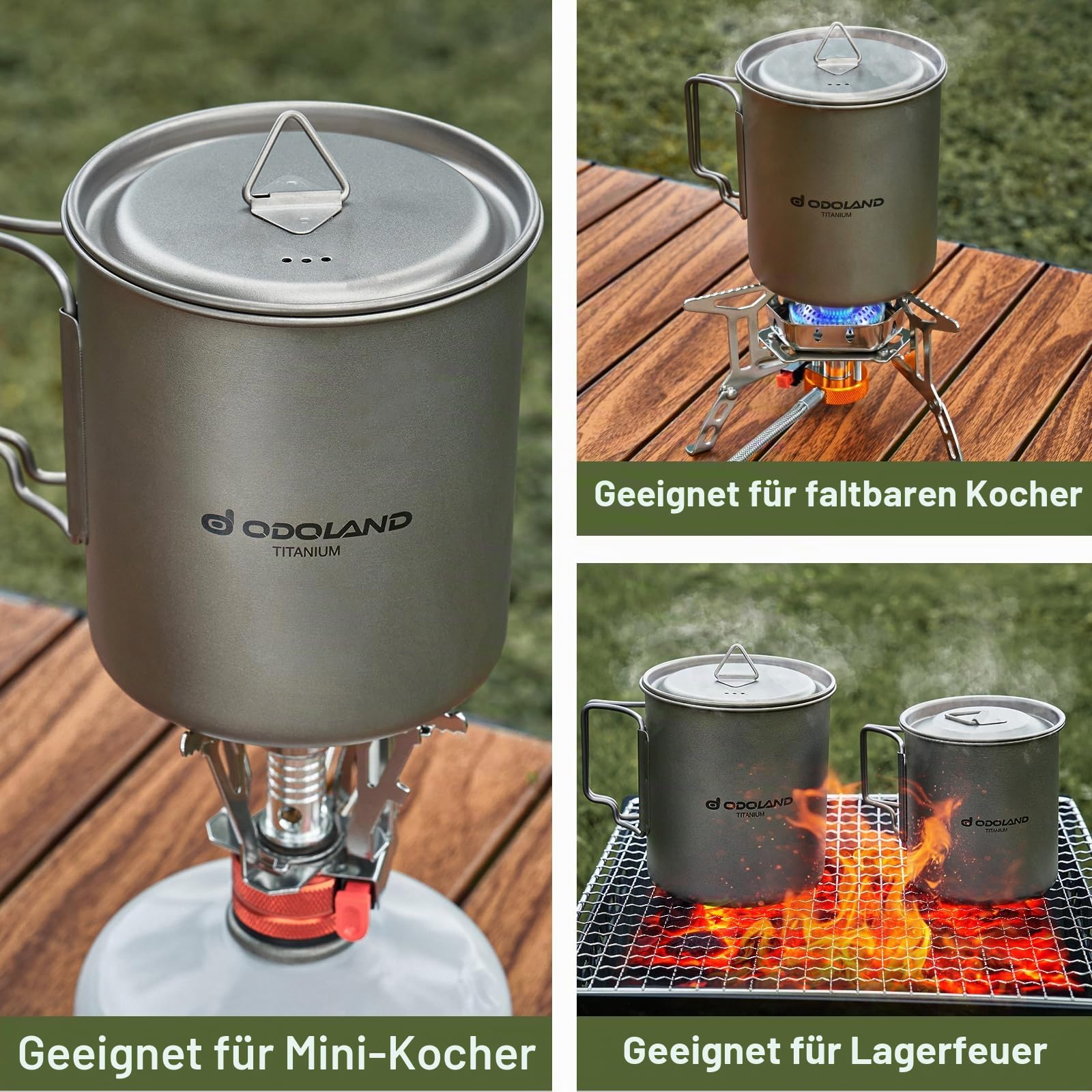 Odoland 750ML und 420ML Titanium Becher, Camping Kaffeetasse mit Deckel und Spork, klappbarer Griff für Camping, Wandern, Reisen