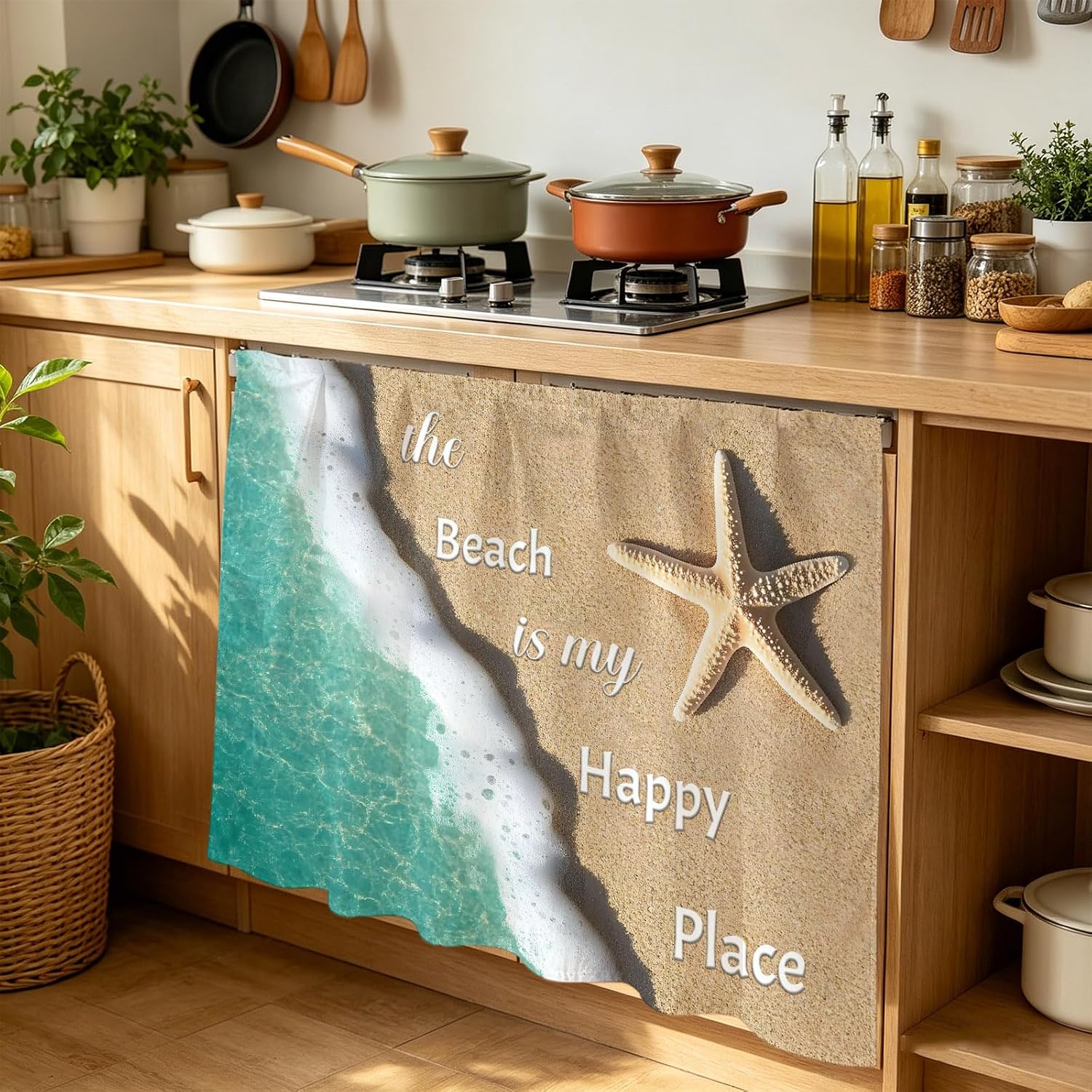 Cabinet Curtain Starfish Summer Beach Sand Desk Curtain 35x35in, Washable Under Sink Skirt for Kitchen Bathroom Laundry, Sea Waves Teal Gradient Privacy Self-Adhesive Shelf Curtains