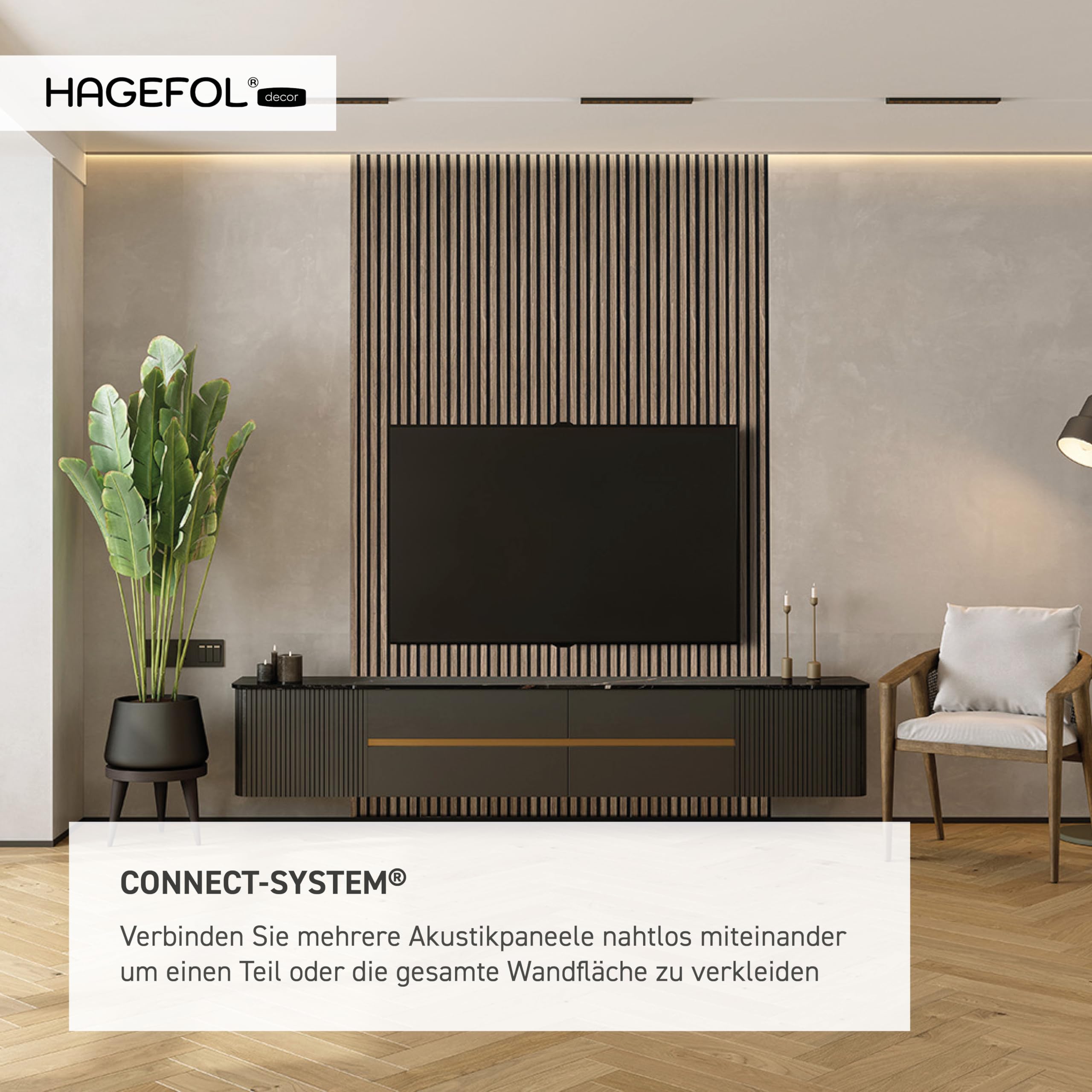 HAGEFOL® Akustikpaneele selbstklebend 240x56 cm, Farbe: Walnuss, Wandpaneele Holz Optik Wanddeko, 3D Lamellenwand Schallschutzplatte aus Holzfurnier auf Akustik Filz (2 Stück, 240x28cm im Paket)