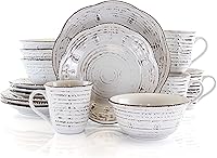 Vista 1 de Elama Rustic Birch 16 Piece Embossed Scalloped Stoneware Round Dinnerware Set in White with Brown Accents