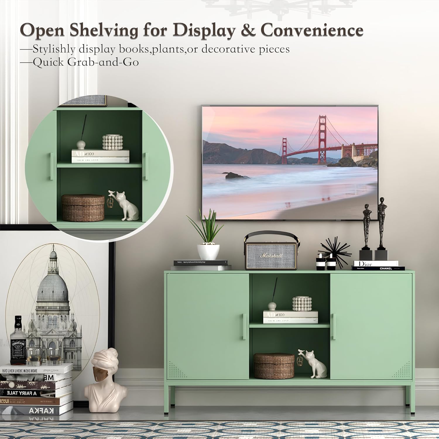 Coffee Bar Cabinet with Adjustable Shelf, Kitchen Storage Cabinet Metal Pantry Cupboard Buffet Sideboard for Living Room, Kitchen, Bedroom, Dining Room, Entryway (Green, H29.53'')