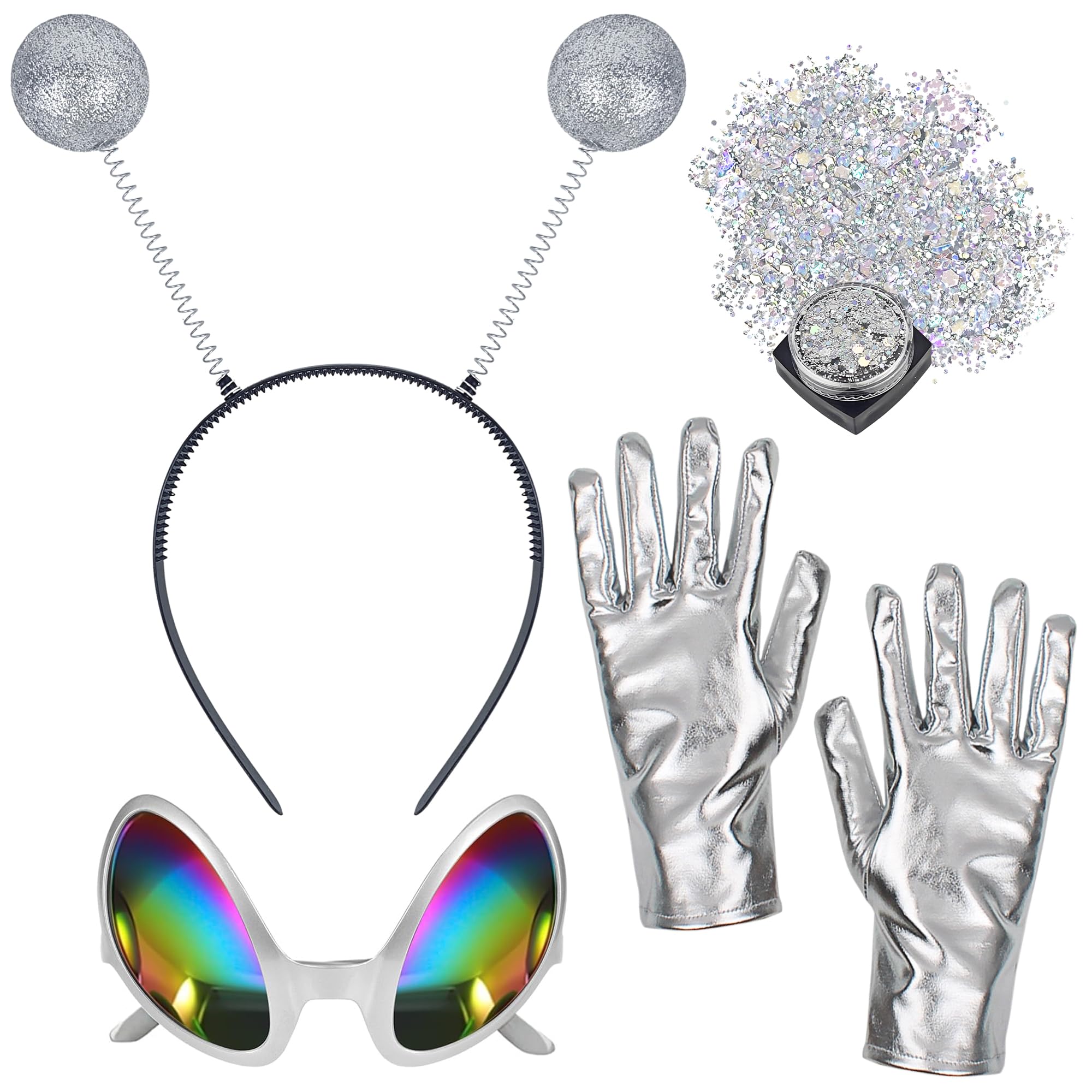 Alaxciax Alien Costume Set, Alien Headband with Glasses Gloves Holographic Glitter Alien Accessories for Women Halloween Cosplay (4PCS)