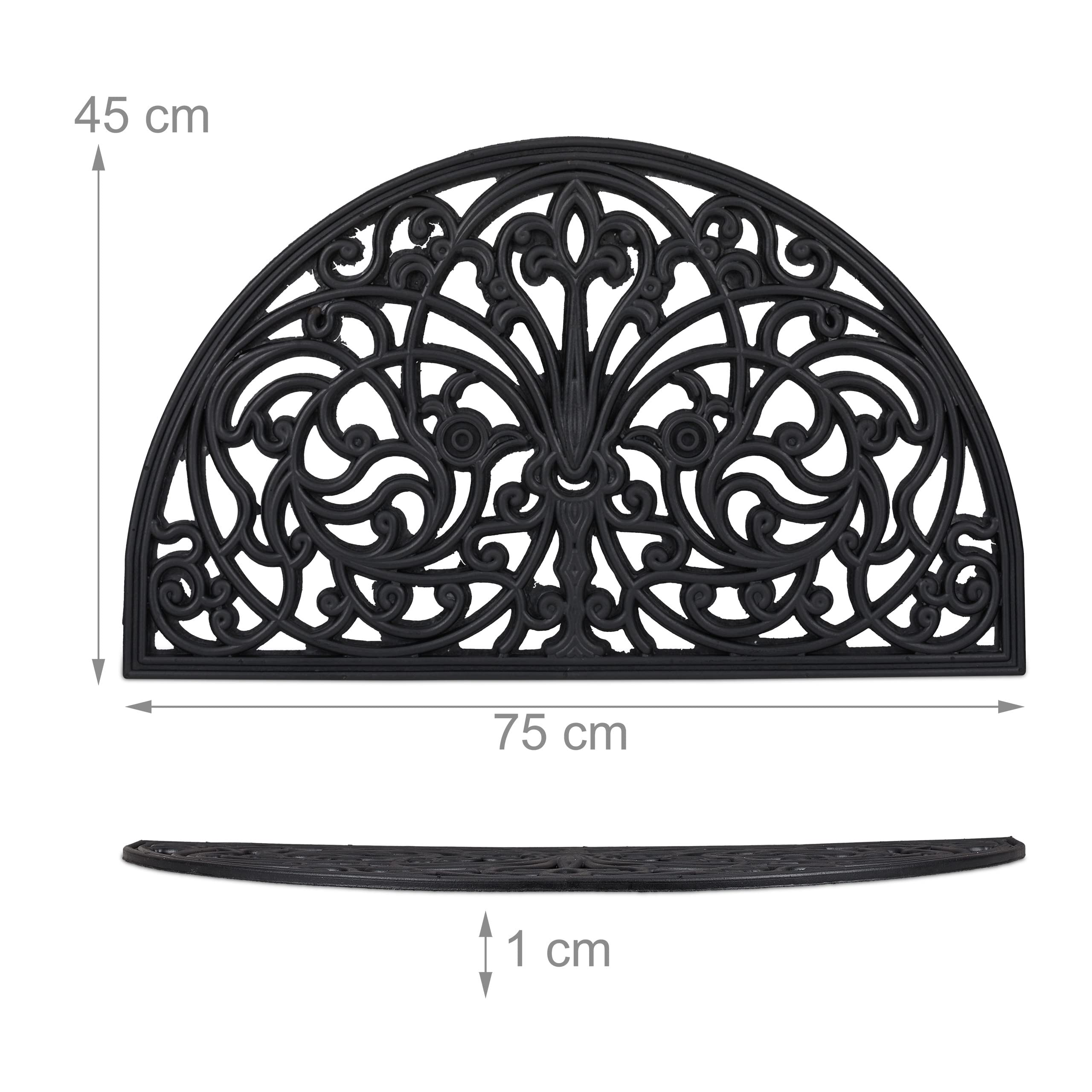 Relaxdays Zerbino con Motivo Ornamentale, 75x45 cm, Tappetino Semicerchio, in Gomma Antiscivolo, Indoor & Outdoor, Nero