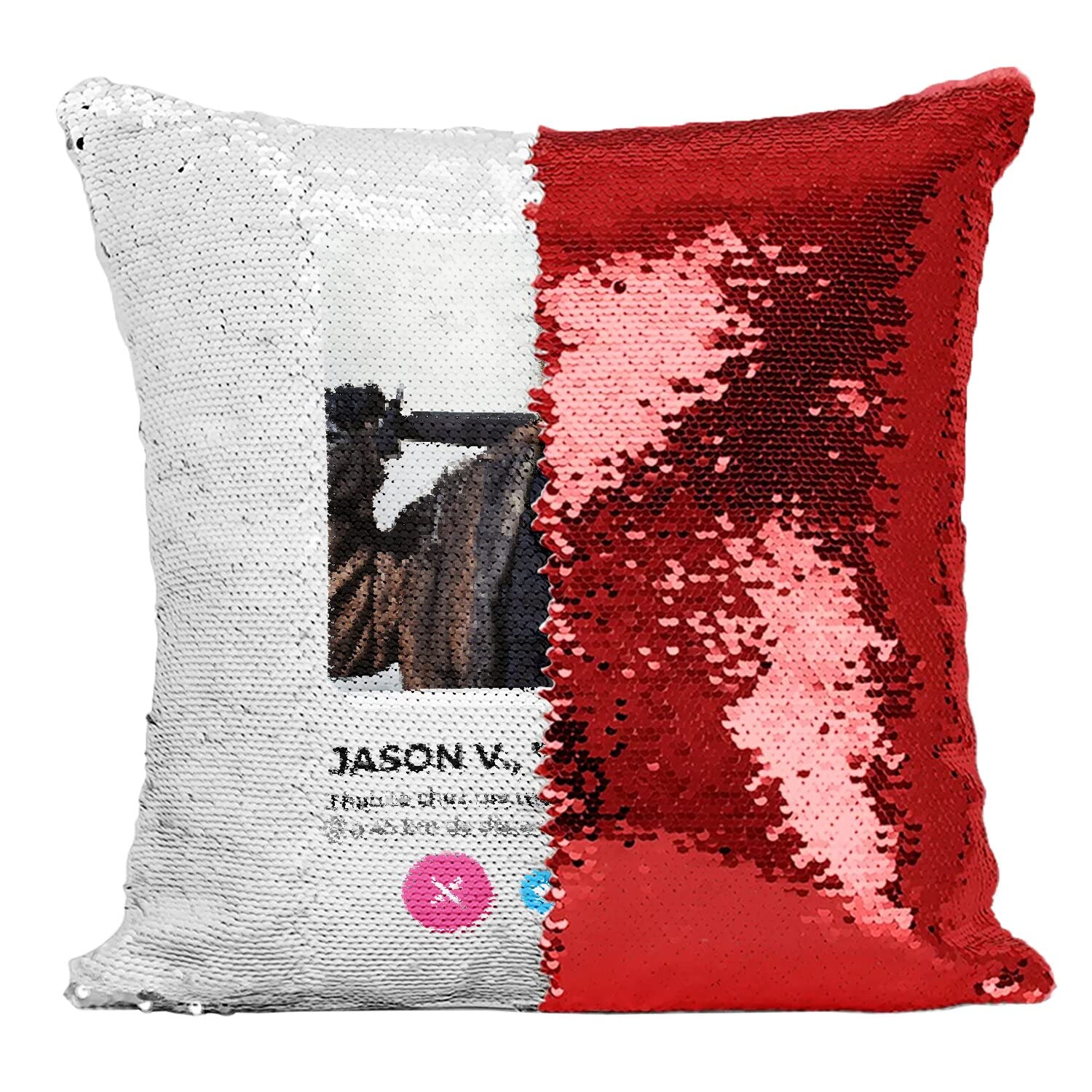 Coussin Jason Voorhees paillettes rouge pour déco geek et cadeau horreur