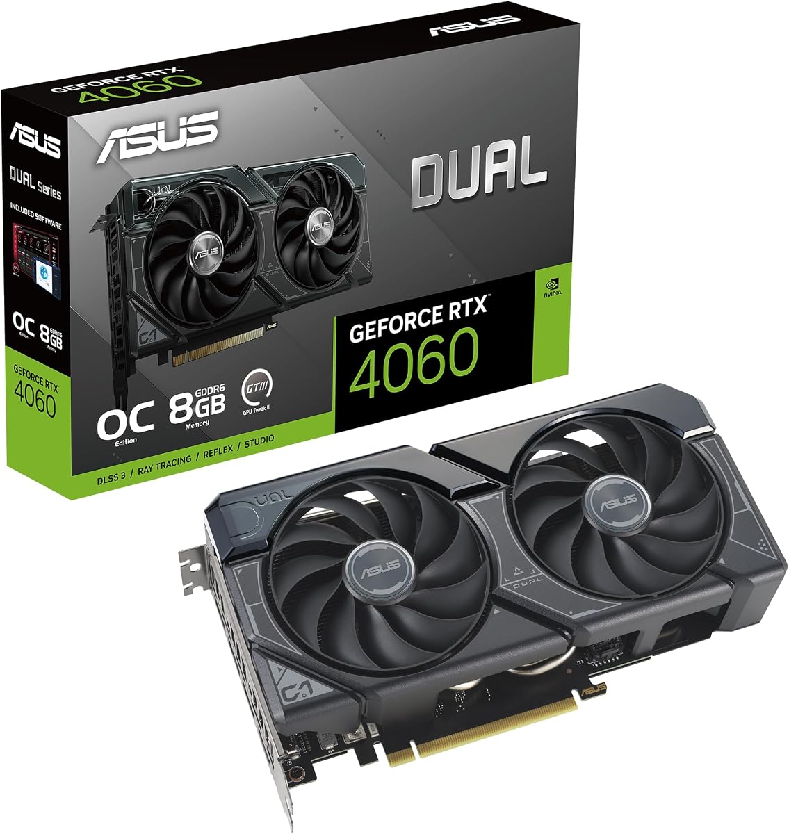 Dual GeForce RTX 4060 OC Edition 8GB GDDR6 (PCIe 4.0, 8GB GDDR6, DLSS 3, HDMI 2.1a, DisplayPort 1.4a, diseño de 2.5 ranuras, diseño de ventilador de tecnología axial, tecnología 0dB), 3 años de garantía