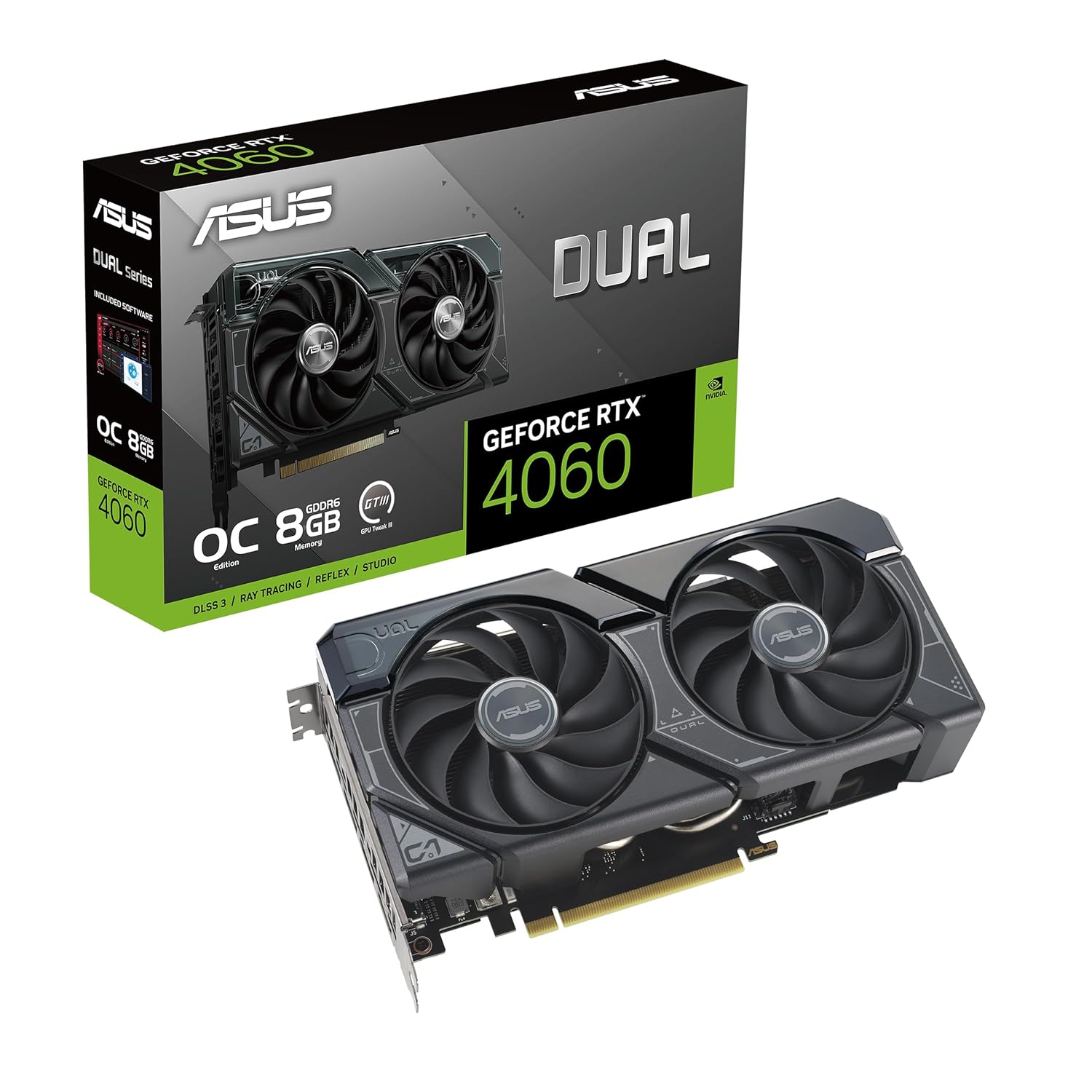 ASUS Dual Geforce RTX 4060 Oc Edition 8Gb Gddr6 (Pcie 4.0, 8Gb Gddr6, Dlss 3, Hdmi 2.1A, Displayport 1.4A, 2.5-Slot Design, Axial-Tech Fan Design, 0Db Technology) – Pci_E