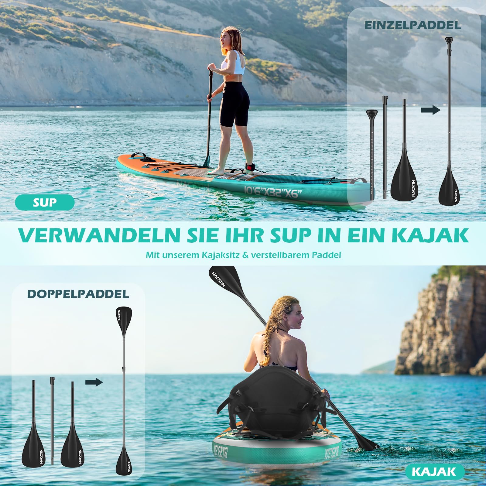 NACATIN 320cm (10ft 6in) aufblasbares SUP Board mit Sitz