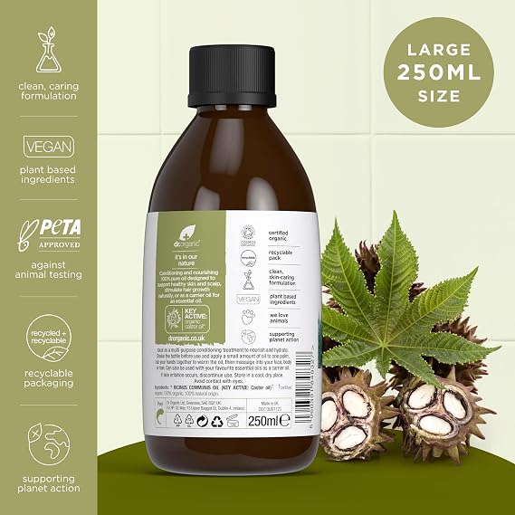 Dr Organic Castor Oil, 100% Pure & Cold Pressed, Nourish & Condition, for Dry Skin & Hair, Massage, Carrier Oil, Aromatherapy, Natural, Vegan, Cruelty Free, Certified Organic, 250ml
