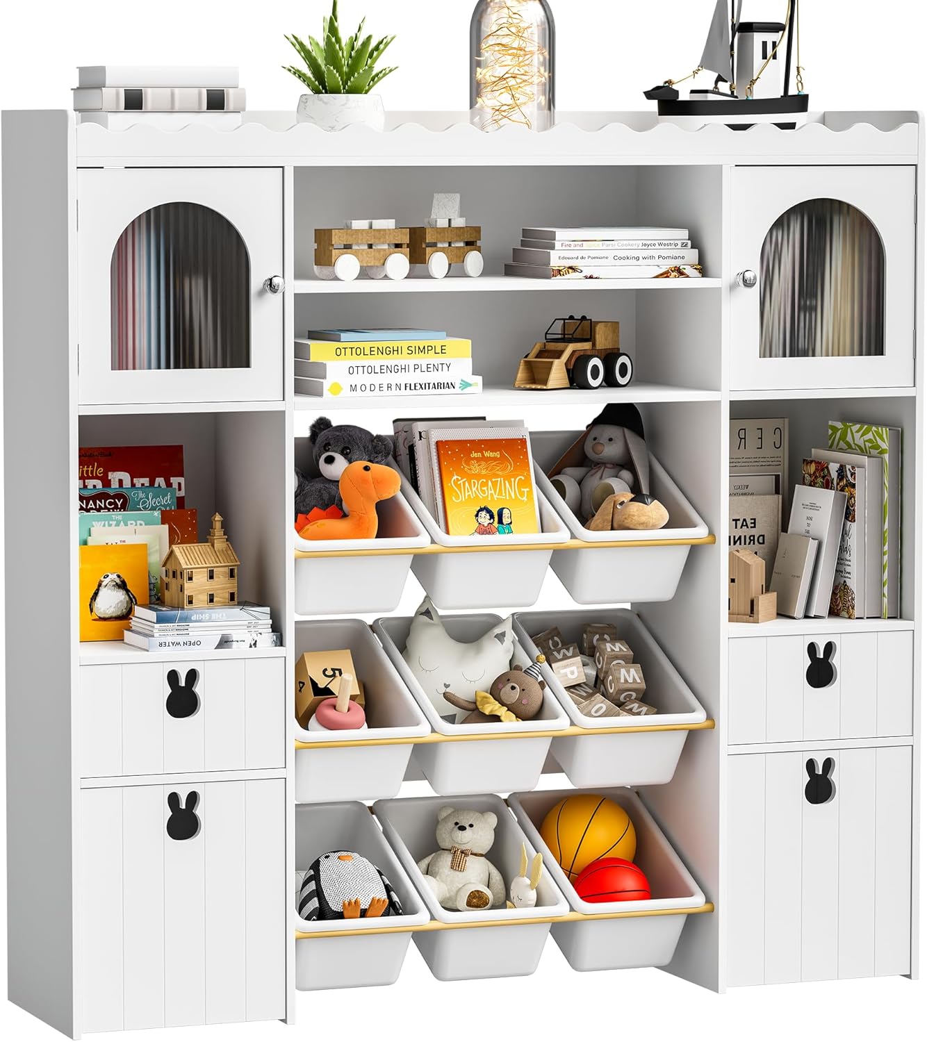 Toy Storage Organizer, Large Toy Storage Chest with Removable Bins, 19 Storage Spaces, Toy Organizer with 2 Movable Drawers and 9 Box Bins, Kids Bookshelf and Bookcase with Drawers for Boys and Girls