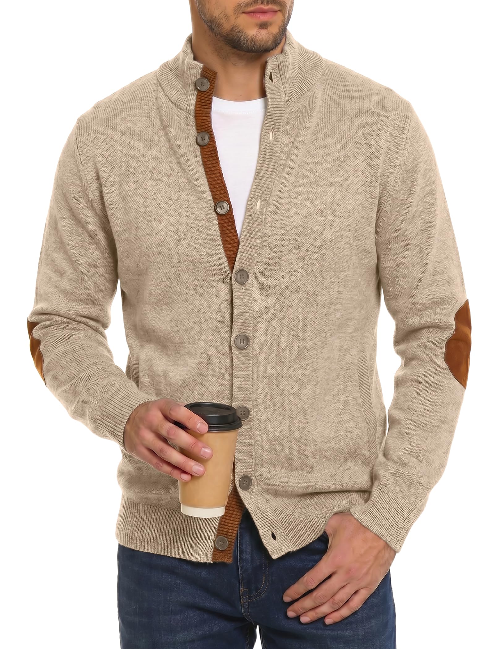 JMIERR Herren Strickjacke Lederpasse Pullover