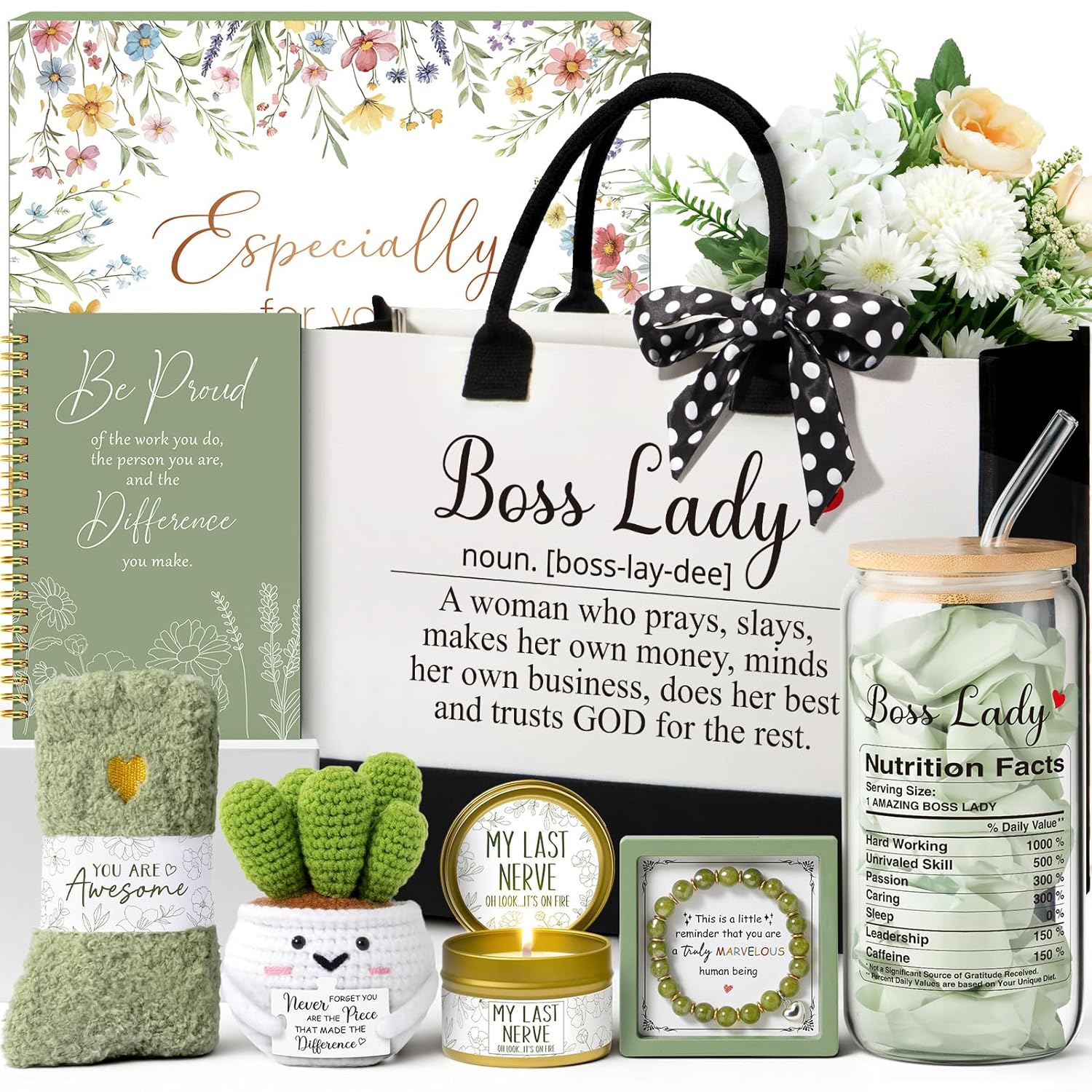 Bosses Day Gifts for Women, Best Boss Lady Gifts for Women, Unique Appreciation Thank You Christmas Birthday Gift Baskets for Boss Female, Going Away Leaving Bosses Gift Set w/Canvas Tote Bag