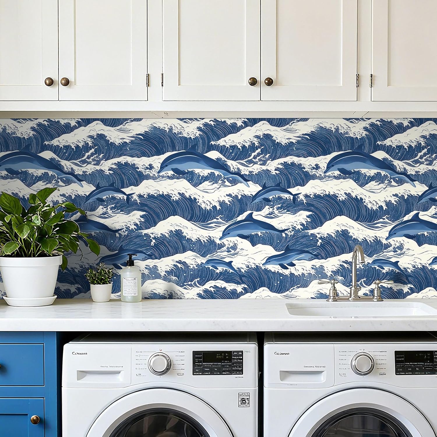 LACHEERY Vintage Ocean Wallpaper Stick and Peel Japanese Wave Wallpaper Peel and Stick Blue Dolphin Animal Wall Paper Blue Contact Paper for Bathroom Bedroom Walls Cabinets Waterproof Mural 17.5"x79"