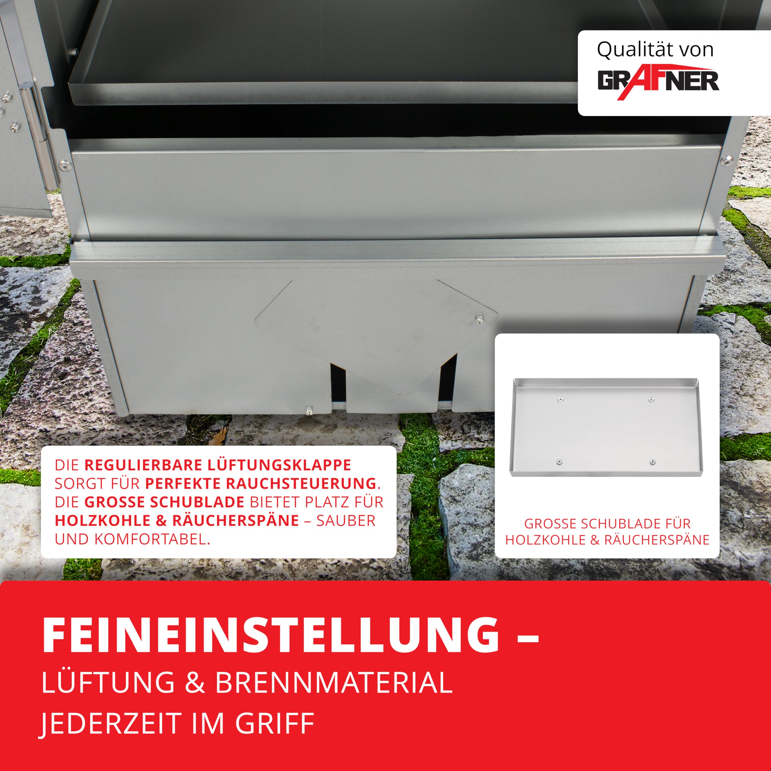 Grafner XL Räucherofen mit 3 Etagen, Sichtfenster und Thermometer, legierter Stahl, 12x Haken, Räucherschrank zum Heißräuchern und Kalträuchern, Smoker für Fisch Fleisch Käse Gemüse