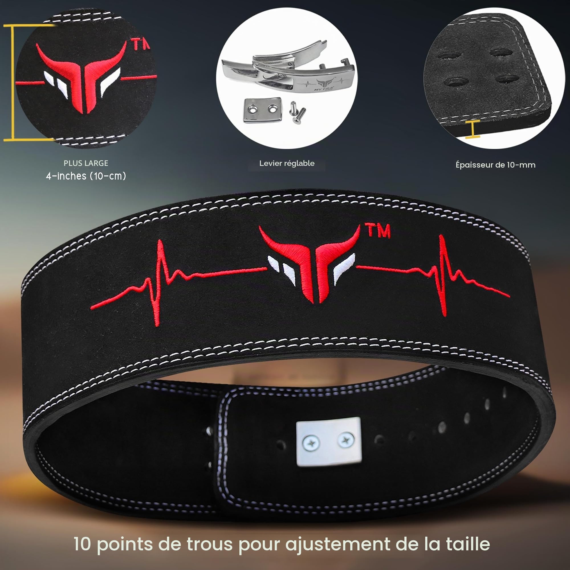 Mytra Fusion ceinture musculation with Lever Buckle ceinture leste musculation pour hommes et femmes 4" de large cuir véritable ceinture de musculation pour salle de sport, entraînement