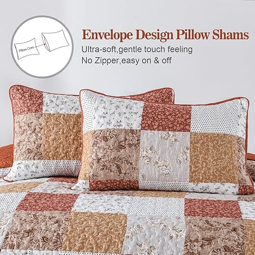 Miniatura 6 de Menghomeus Juego de edredón de terracota, tamaño Queen, colcha de retazos bohemios, floral, reversible, para todas las estaciones, juego de ropa de