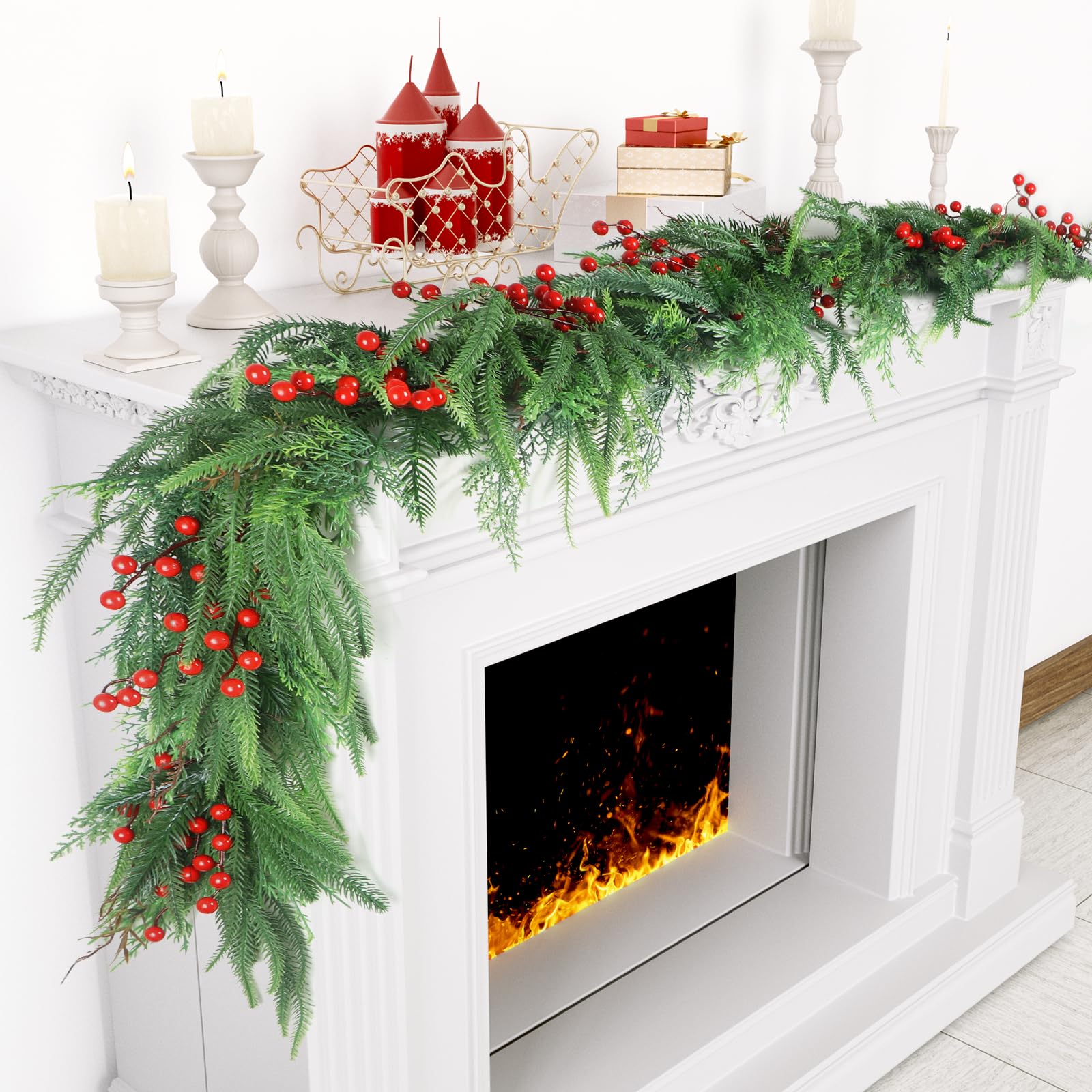 Norfolk Pine Cypress Garlands with Red Berries, 6Ft Artificial Soft Christmas Pine Garland, Green Real Touch Greenery Garland for Table, Mantle, Staires, Premium Indoor/Outdoor Christmas Decorations.
