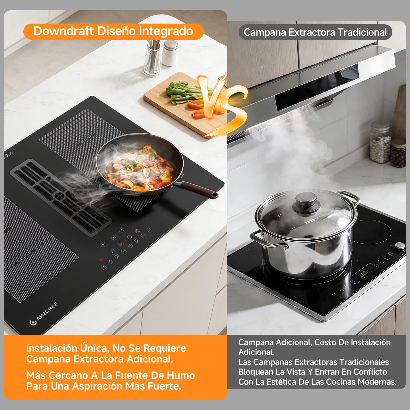 AMZCHEF Placa Inducción con Extractor Integrado, 7200W Placa Induccion 4 Zonas, 650m³/h Ventilación Automática Hob2Hood, 9 Niveles de Potencia, Temporizador & Bloqueo Infantil, Boost & Zona Flexible