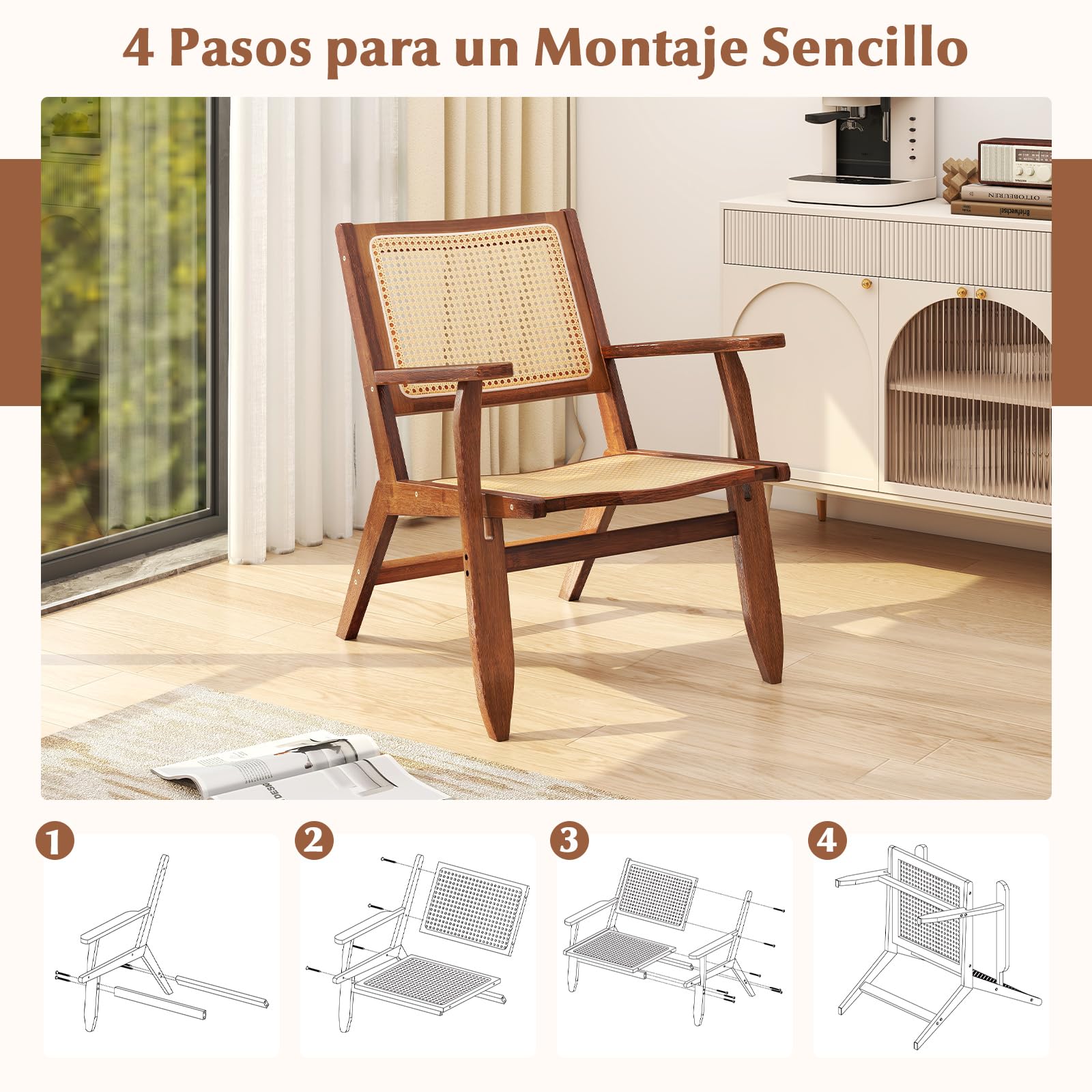 COSTWAY Silla de Ratán, Sillón de Salón de Madera, Butaca de Salón con Respaldo y Asiento Amplio de Ratán, Silla de Ocio de Lectura para Sala de Estar y Dormitorio, Nogal