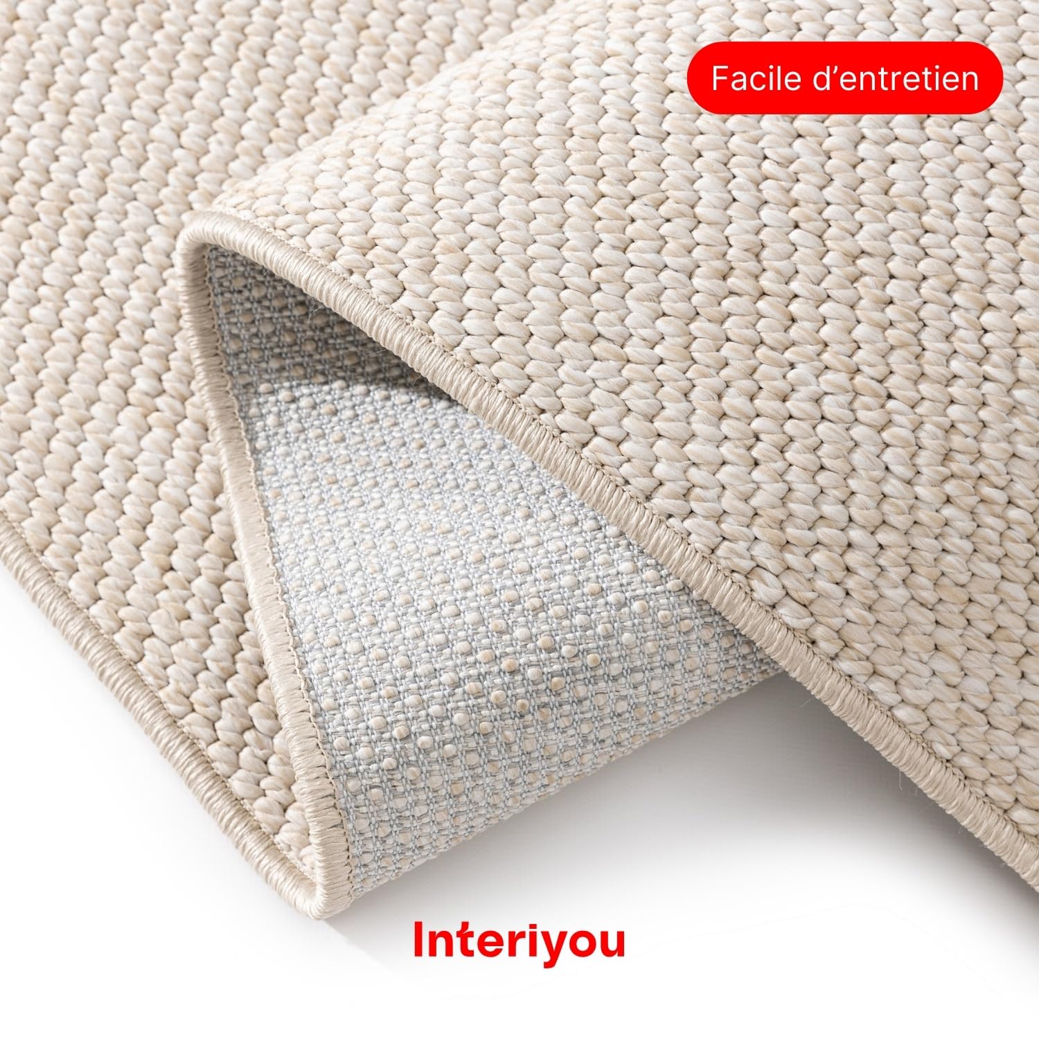 Interiyou Tapis extérieur Asti - 80x300 Crème - Style Jute - Adapté aux UV pour Balcon, terrasse, Jardin ou Cuisine - Structure Plate - pour d'entrée intérieur, Chambre, Salon, Bureau