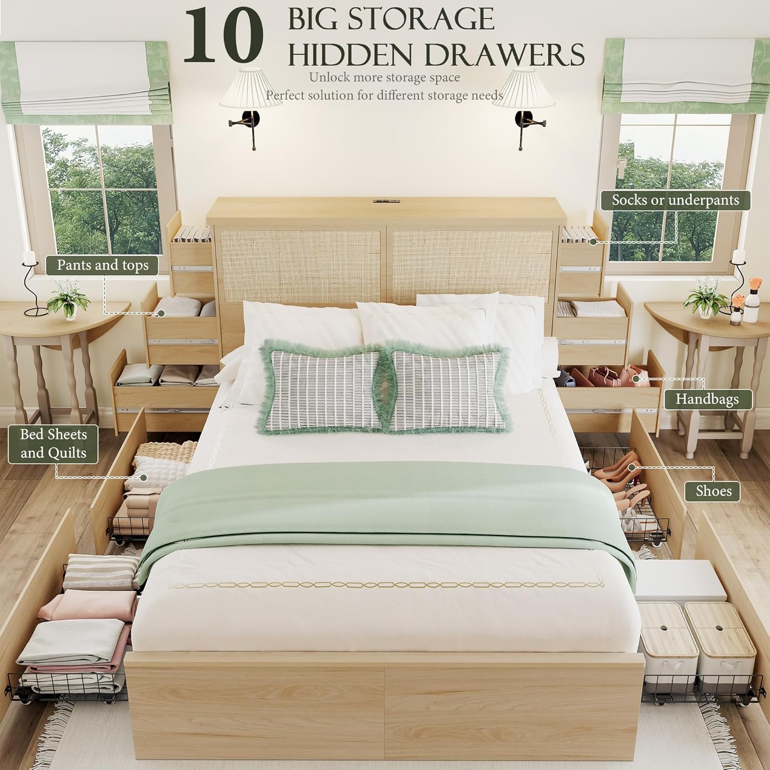 Yechen Natural Rattan Queen Bed Frame with Storage, 10 Drawers & Storage Headboard with Charging Station, Boho Rattan Wood Bed Frame with Metal Frame, Noise Free, No Box Spring Needed