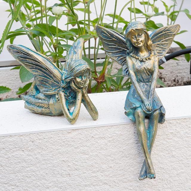 Pelle & Sol Set of 2 Fairy Garden Statue Outdoor Ornaments - Winged Angel Fairies Sculpture Resin Figurine for Patio Yard Porch Christmas Landscape Home Decoration