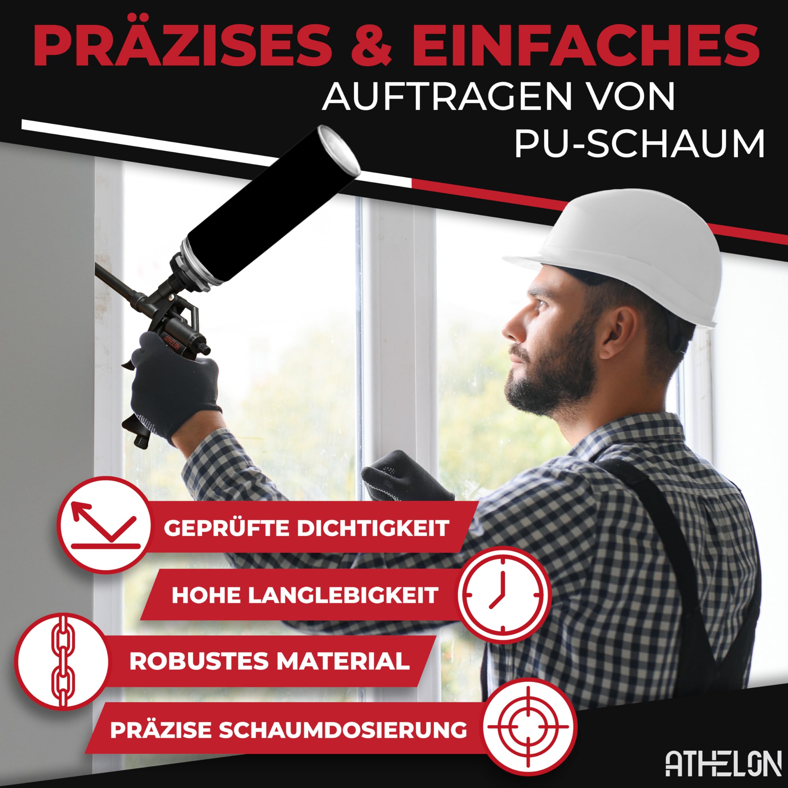 ATHELON® Pistola in schiuma PU – Pistola ergonomica in schiuma con rivestimento in teflon, valvola di dosaggio fine e inserti per un'applicazione precisa e semplice di schiuma di costruzione e schiuma