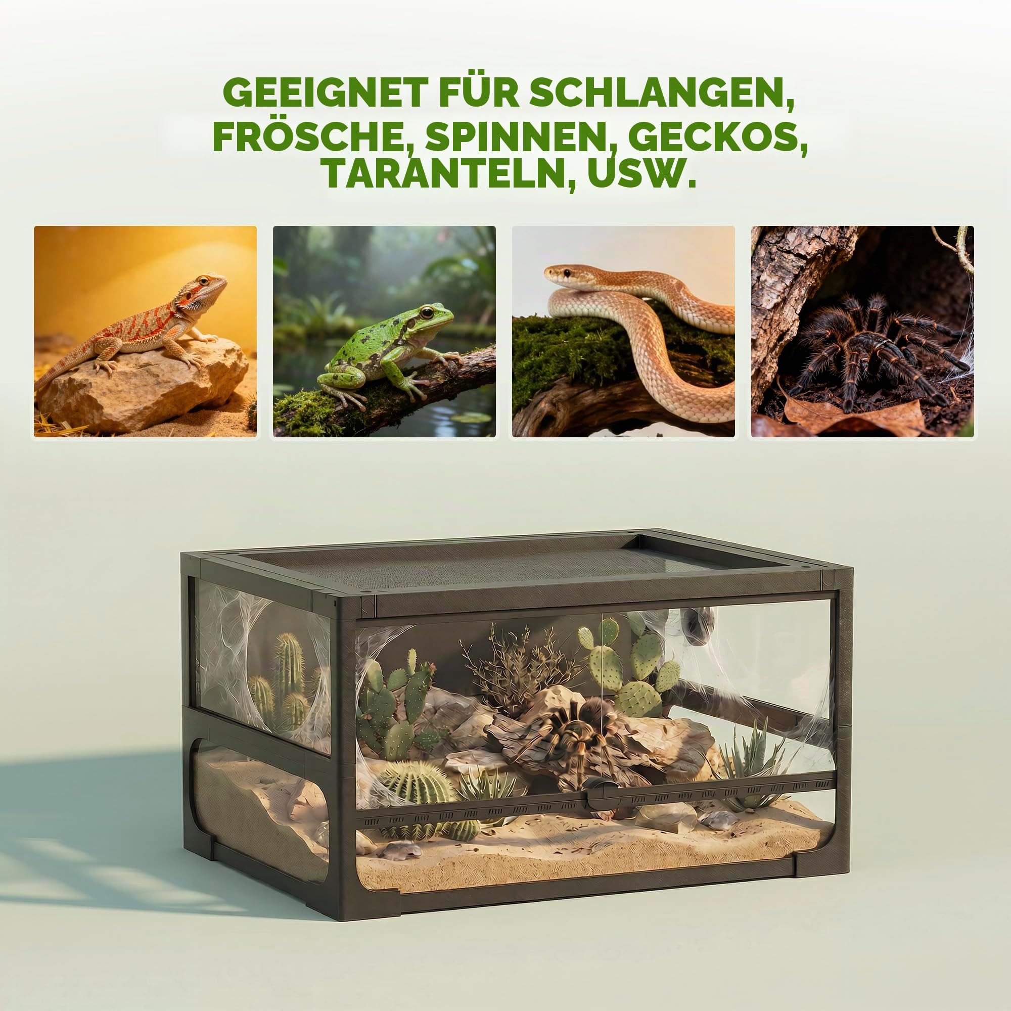 PawHut Faltbares, erhöhtes Reptilienterrarium 60x45x32 cm mit Schloss, Tür für Fütterung, Belüftung und 360° Sicht, Reptilienterrarium aus gehärtetem Glas mit Drahtgeflecht für Echsen, Spinnen