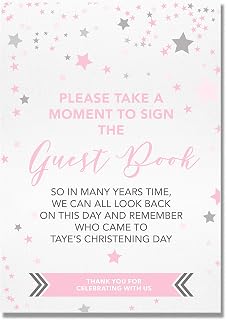 Personalised Guest Book Table Sign for Christenings, Birthdays and Baptisms in Blue/Pink or Green Star Design (ST6)