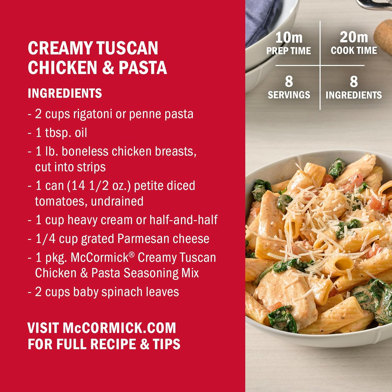 McCormick Seasoning Mix, Creamy Tuscan Chicken & Pasta, Cream Sauce, Mediterranean, Italian Seasoning, Use with Chicken, Rigatoni, Penne, Baby Spinach, and More, 0.87 oz (Pack of 12)
