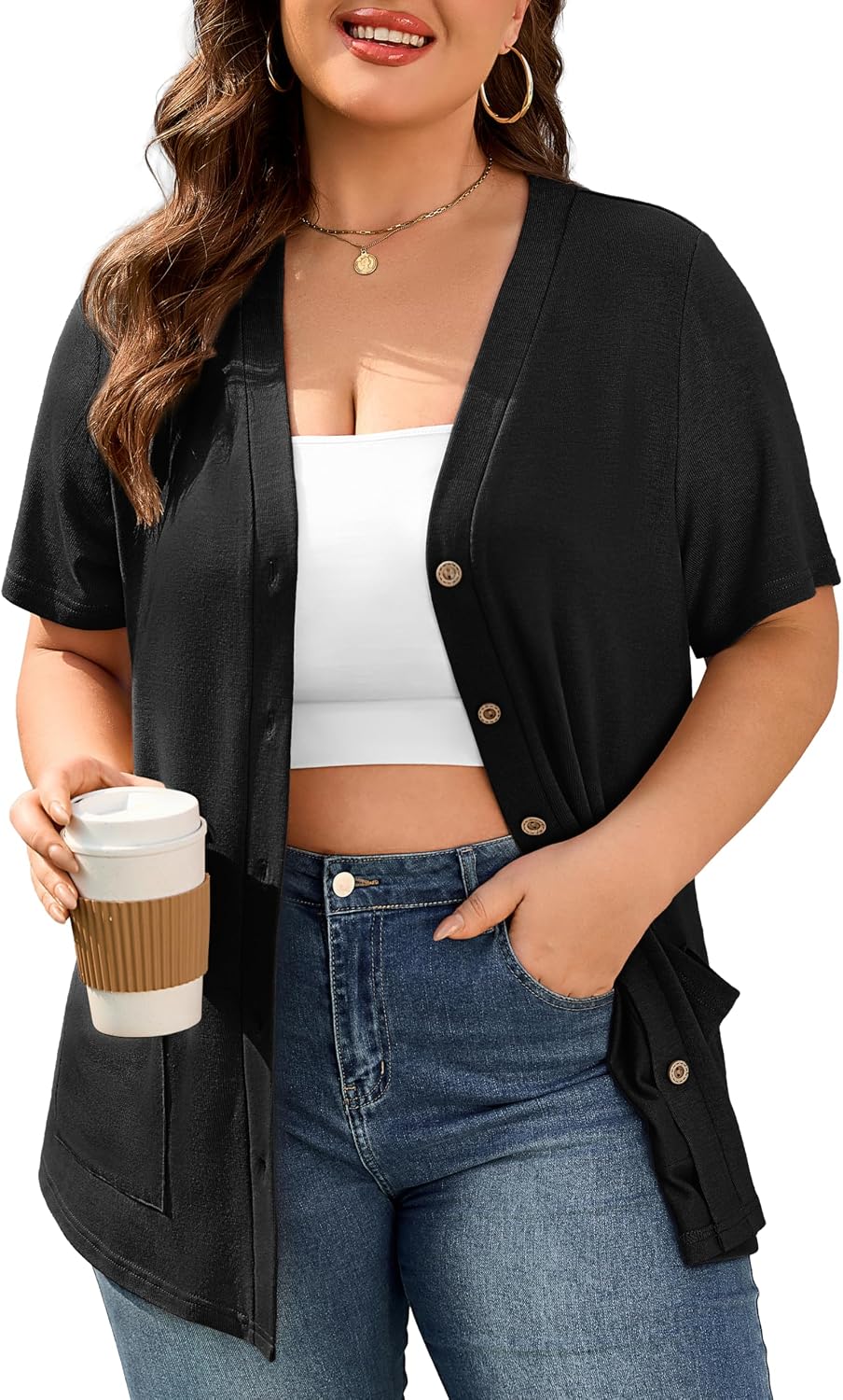 TIANZHU Short Sleeve Cardigans for Women Plus Size Lightweight Summer Cardigan Button Down Casual Trendy Tops with Pockets