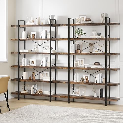 Bookshelf Set of 2, Heavy Duty 6-Tier Industrial Bookcase, 47" Wide Wood Bookshelf for Home Office, 120lbs Shelf Capacity, Rustic Open Display with Horizontal Shelf for Living Room Bedroom