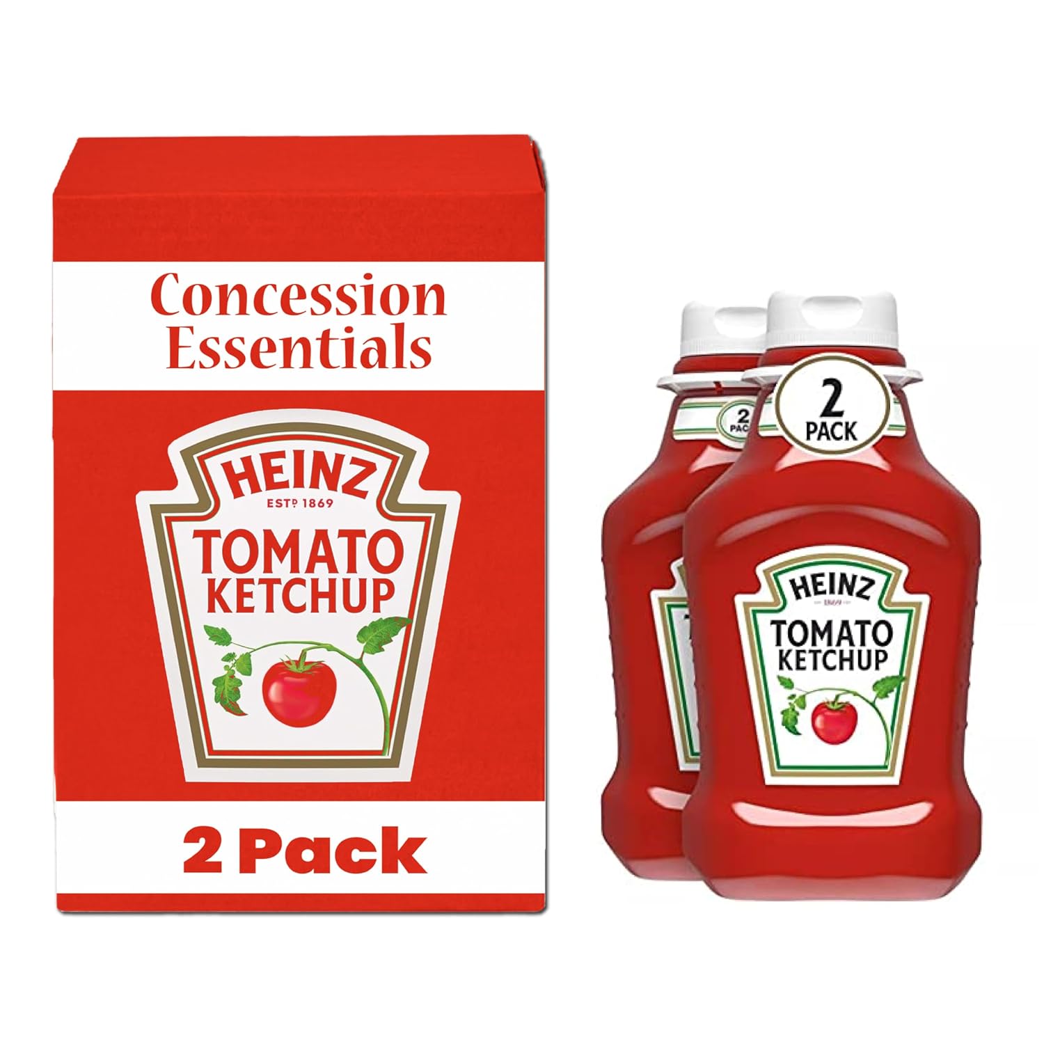 Concession Essentials Heinz Tomato Ketchup, 88 Ounces (Two 44 Oz Plastic Squeeze Bottles) (CE 44oz Ketchup 2 Pack)