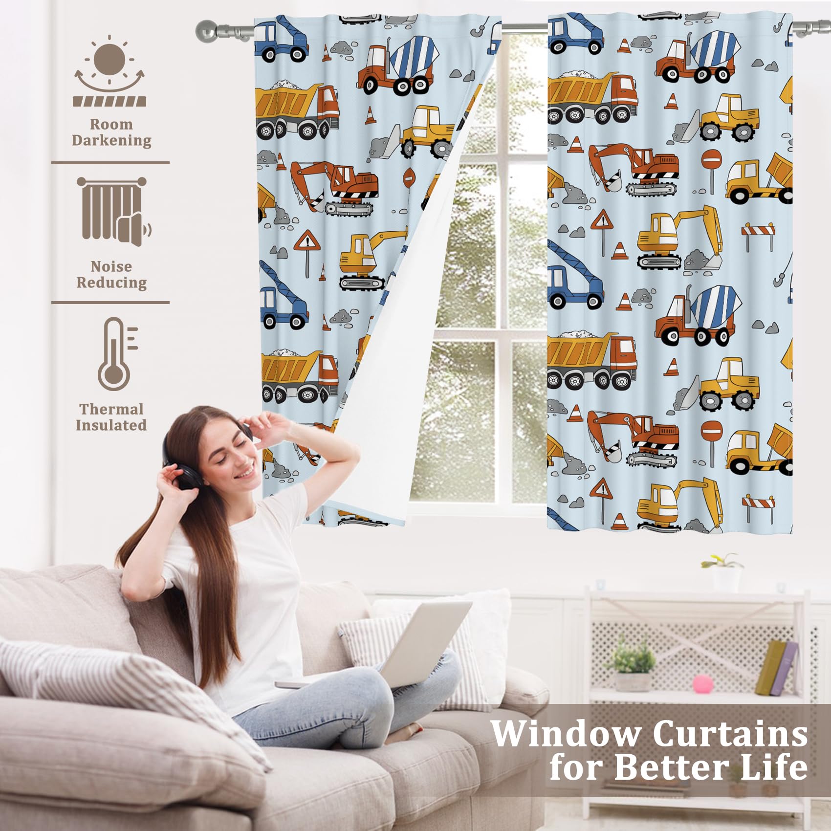 107x160cm Rideaux pour Enfants 2 Panneaux, Chantier de Construction camions excavatrice Grue Bulldozer Rideau Filtre la lumière, Décoration Bleu Jaune pour Chambre de garçon Enfant et Salon