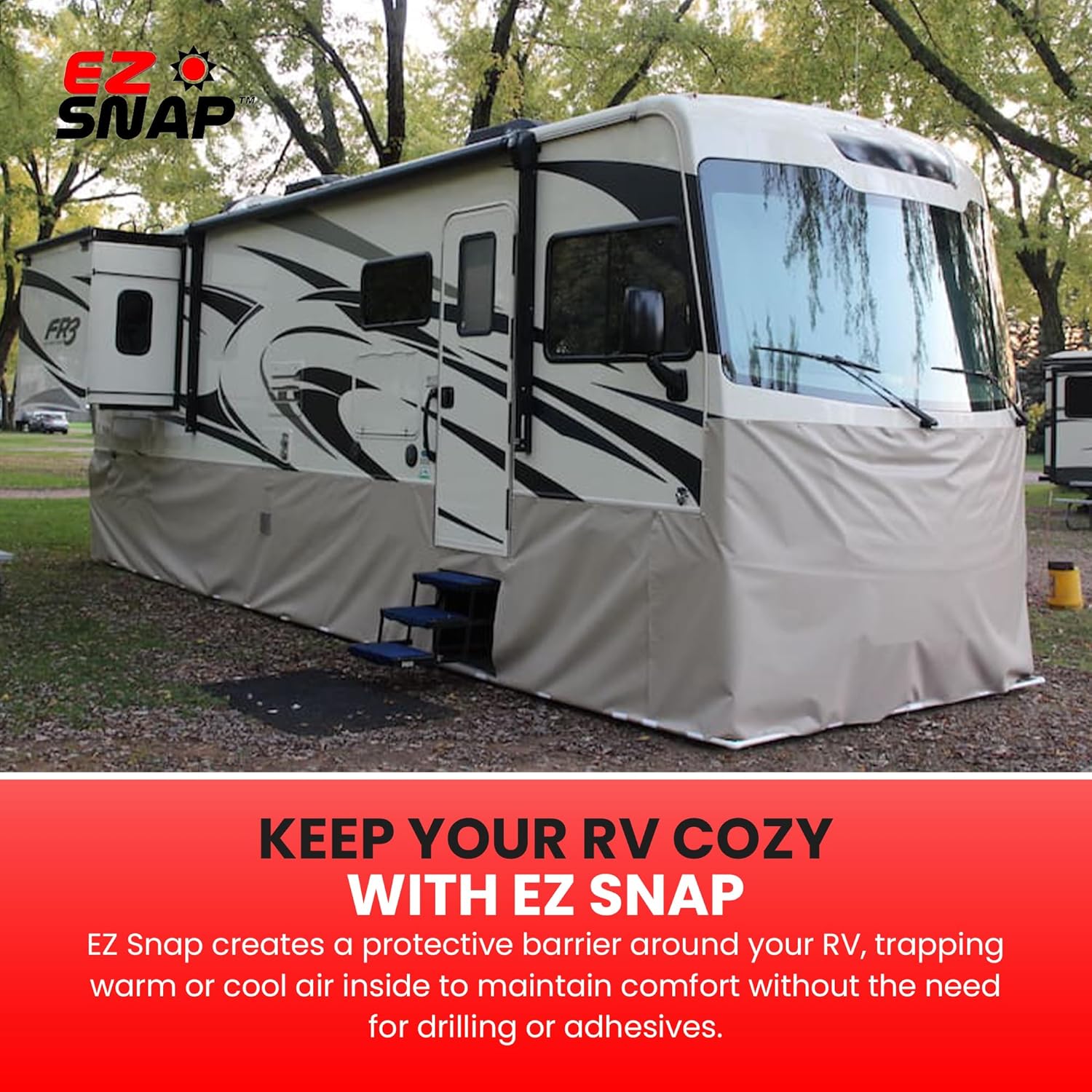 EZ Snap RV Skirting Kit for 31-35 Ft Long, Tall Travel Trailer – Camper Skirting Kit, No-Drill Combo Studs, Grey Snap Fasteners, RV Skirt for Winter, 1 Slide Out, Quick & Easy to Install