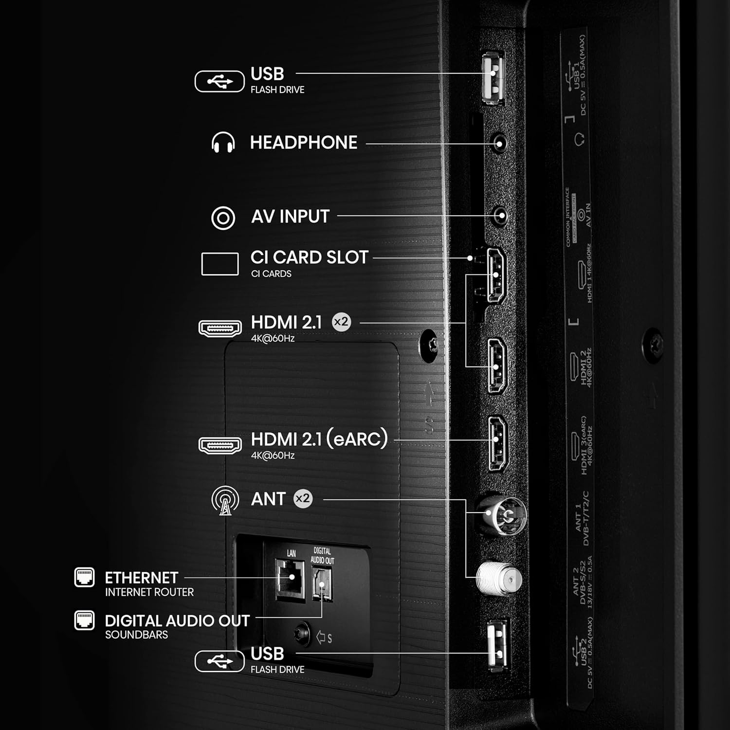 Spate view of the Hisense 85E63NT TV showing various input and output ports.