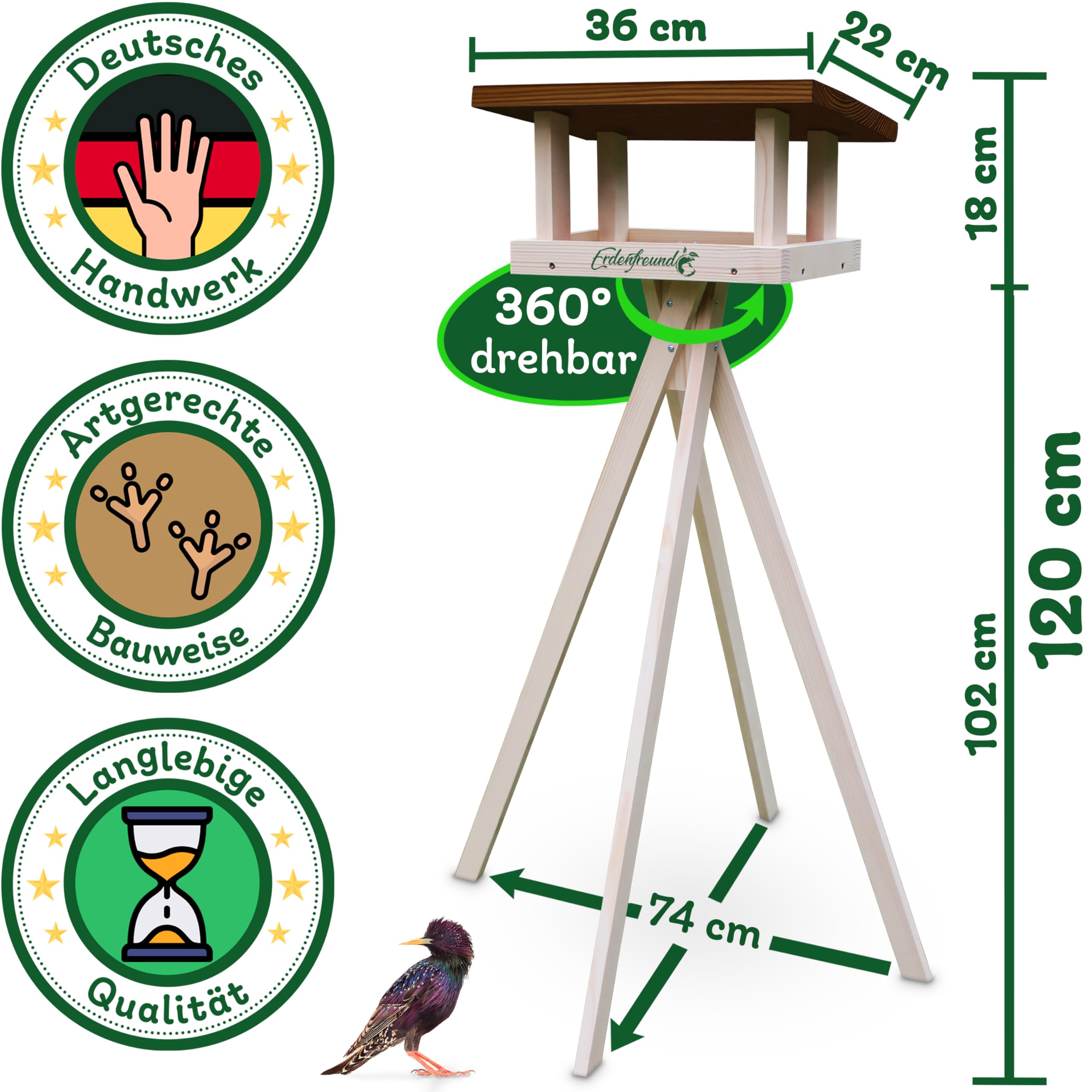 ERDENFREUND® Vogelhaus mit Ständer wetterfest +2 Näpfe Futterhaus für Vögel mit Rundumblick räubersicher Vogelfutterhaus 1,20m fertig montiert (Vogelhaus stehend +2er Wasser-/Futternapf hygienisch)