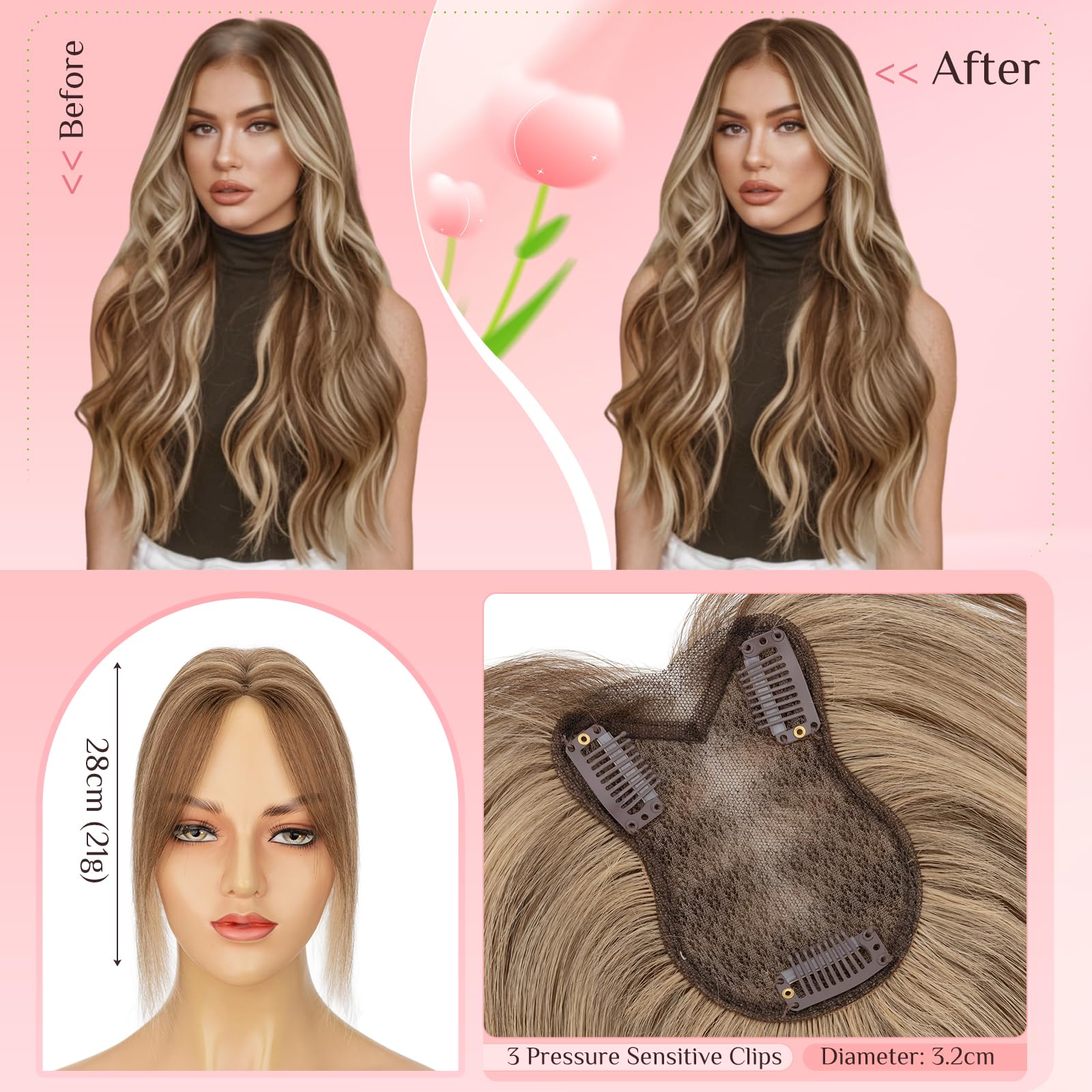 Elailite Protesis Capilar Pelo Natural Clip Mujer Marrón Medio Mecha Rubio Oscuro, 27.5cm 21g Capilares Cabello Humano Silk Lace 5cm*11cm #4P27