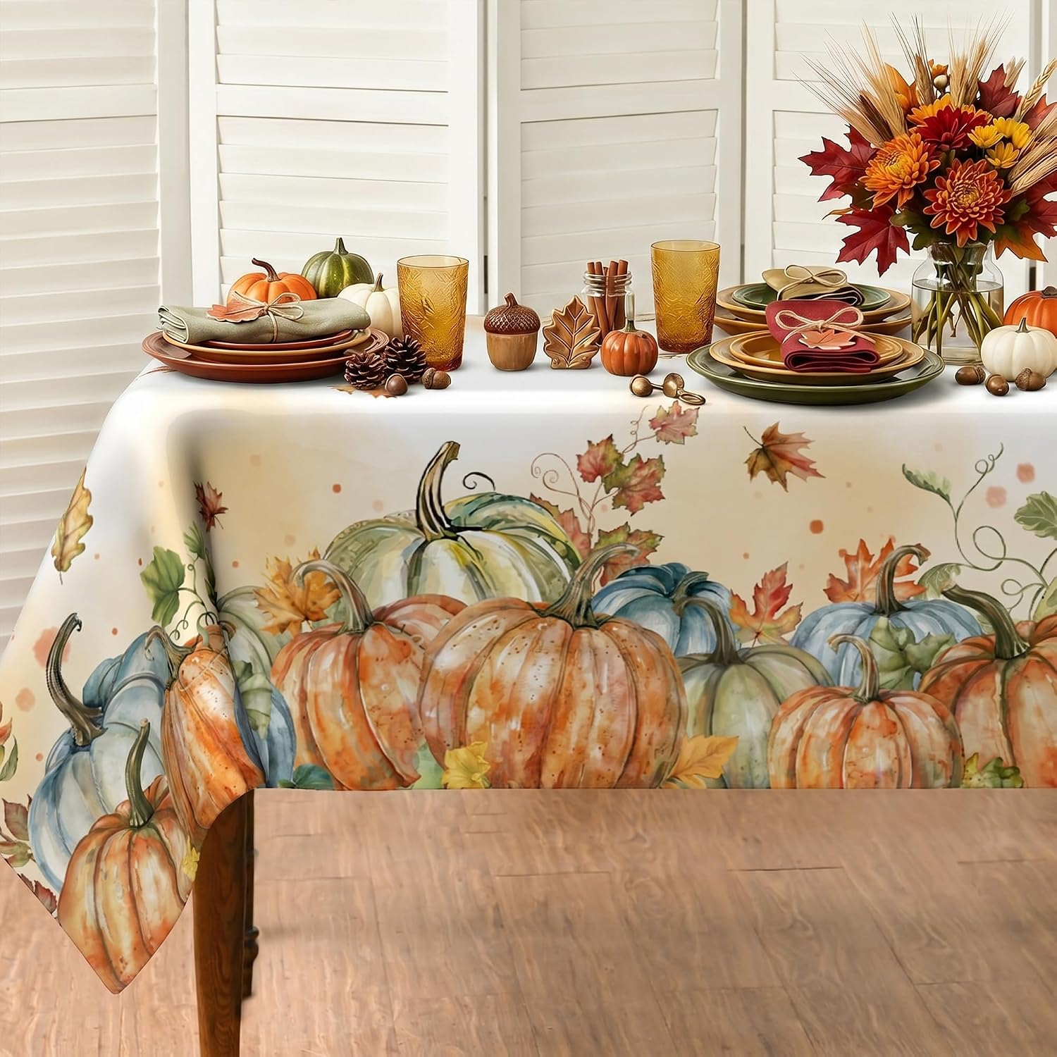 Fall Watercolor Pumpkin Tablecloth 60×84 Inch Rectangle, Autumn Harvest Decor Washable Polyester Table Cloth with Pumpkins, Seasonal Thanksgiving Table Cover for Home Dinner Picnic Party