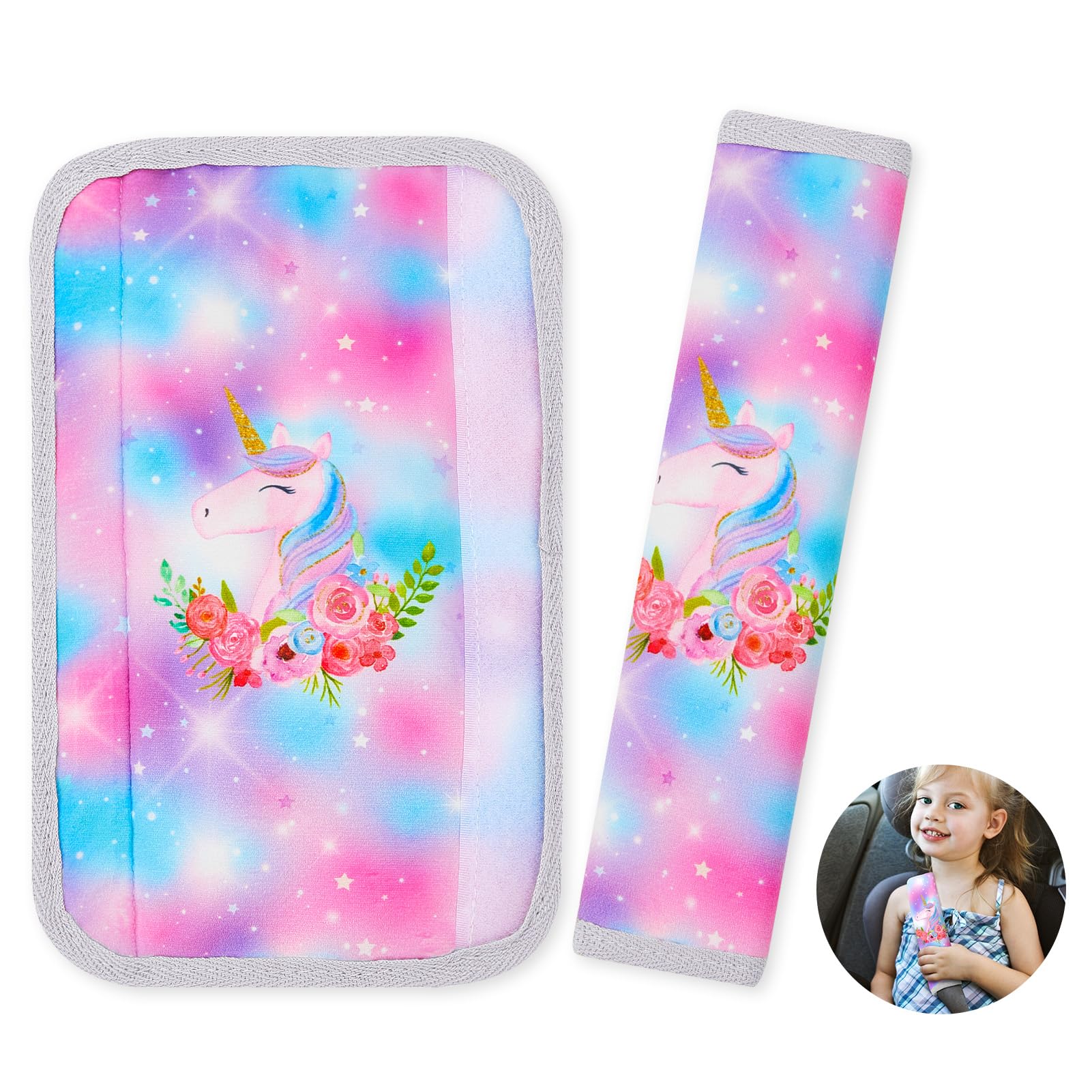 Unicorn Castle 2 Stück Gurtpolster Auto Gurtschutz Sicherheitsgurt Schulterpolster Gurtschoner Gürtelkissen Schutzkissen Polsterung für Sitzgurt,Pink Blue