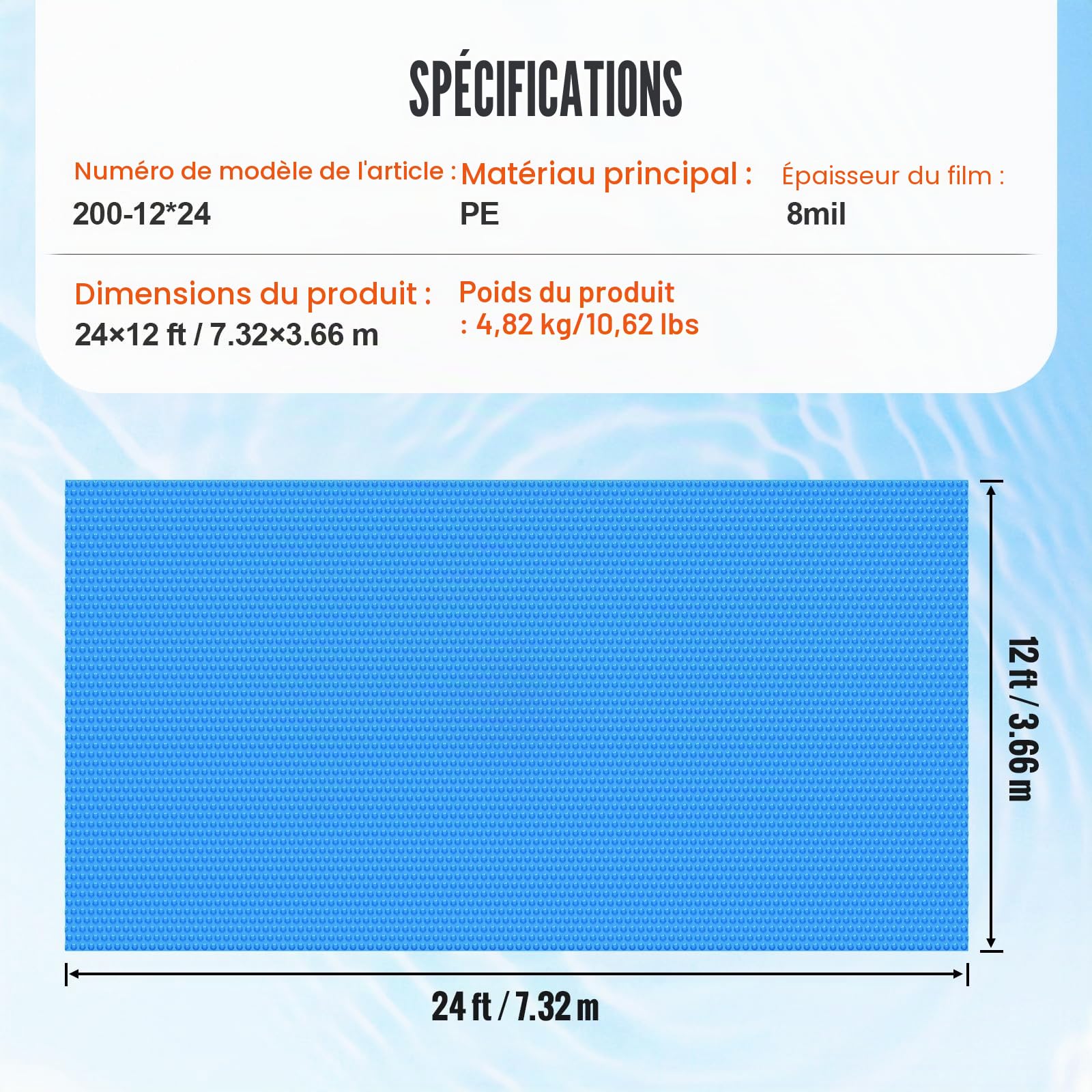 VEVOR Couverture Solaire pour Piscine, 7,32 x 3,66 m, bâches solaires rectangulaires pour Piscine, épaisseur de 0,2 mm, Protecteur de Piscine pour Piscine Hors Sol creusée, pour Chauffer l'eau, Bleu