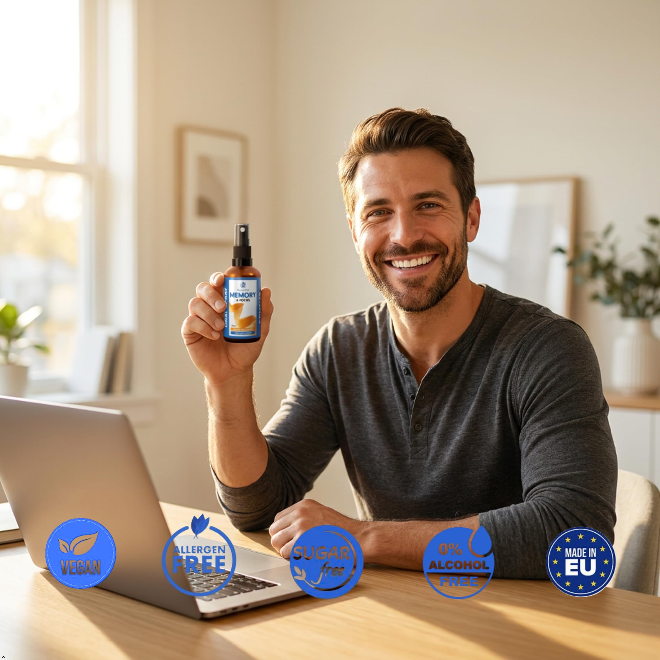 Gedächtnis & Fokus Spray – Schnelle Aufnahme – ganz ohne Tabletten - mit Schisandra, Rhodoiola, Bacopa, Löwenmähne & Ginkgo biloba - Für Konzentration & mentale Leistung - Vegan, 30 ml